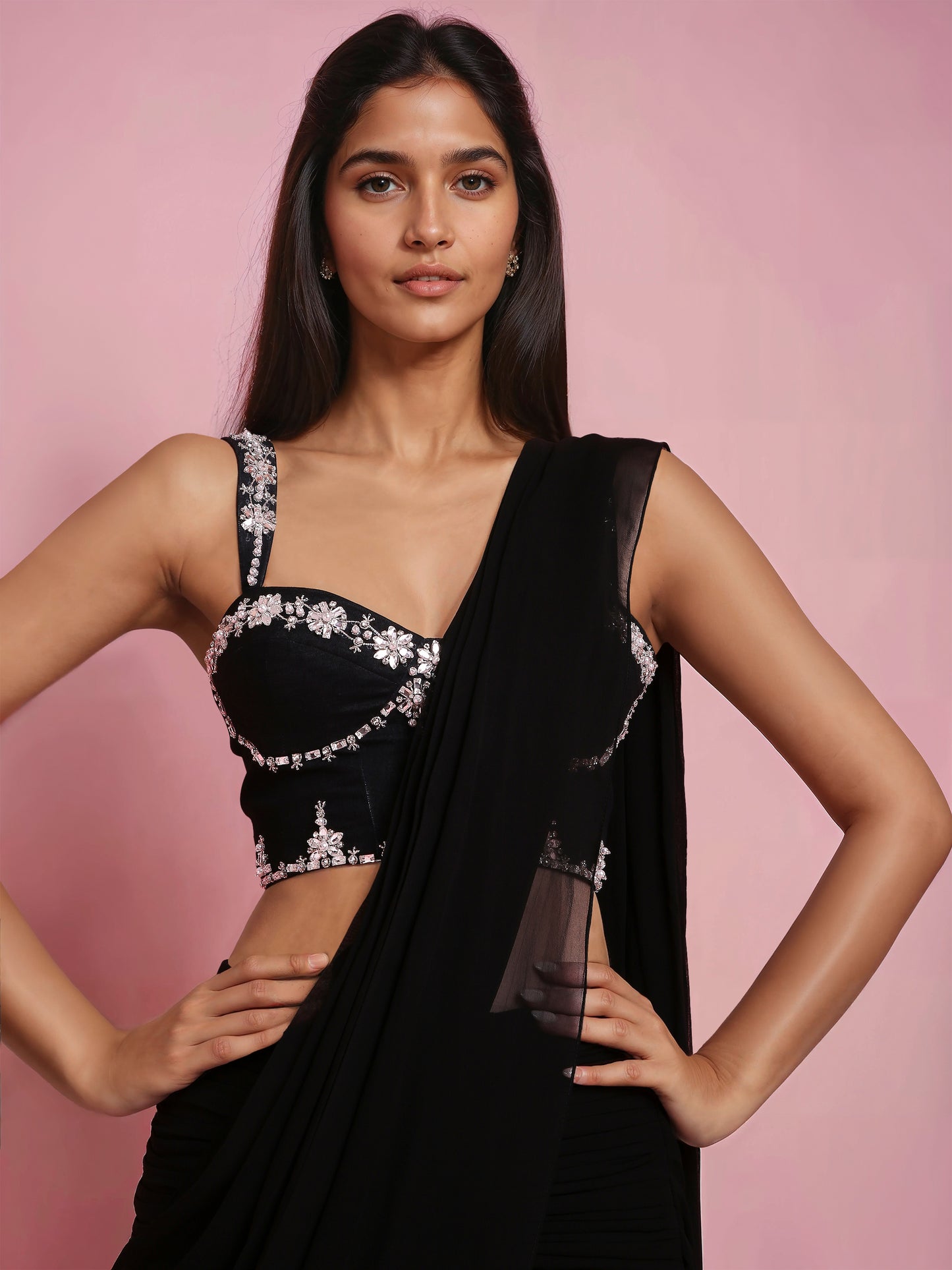 Hand Embroidered Denim Corset with Black Hip Rushed Drape Saree