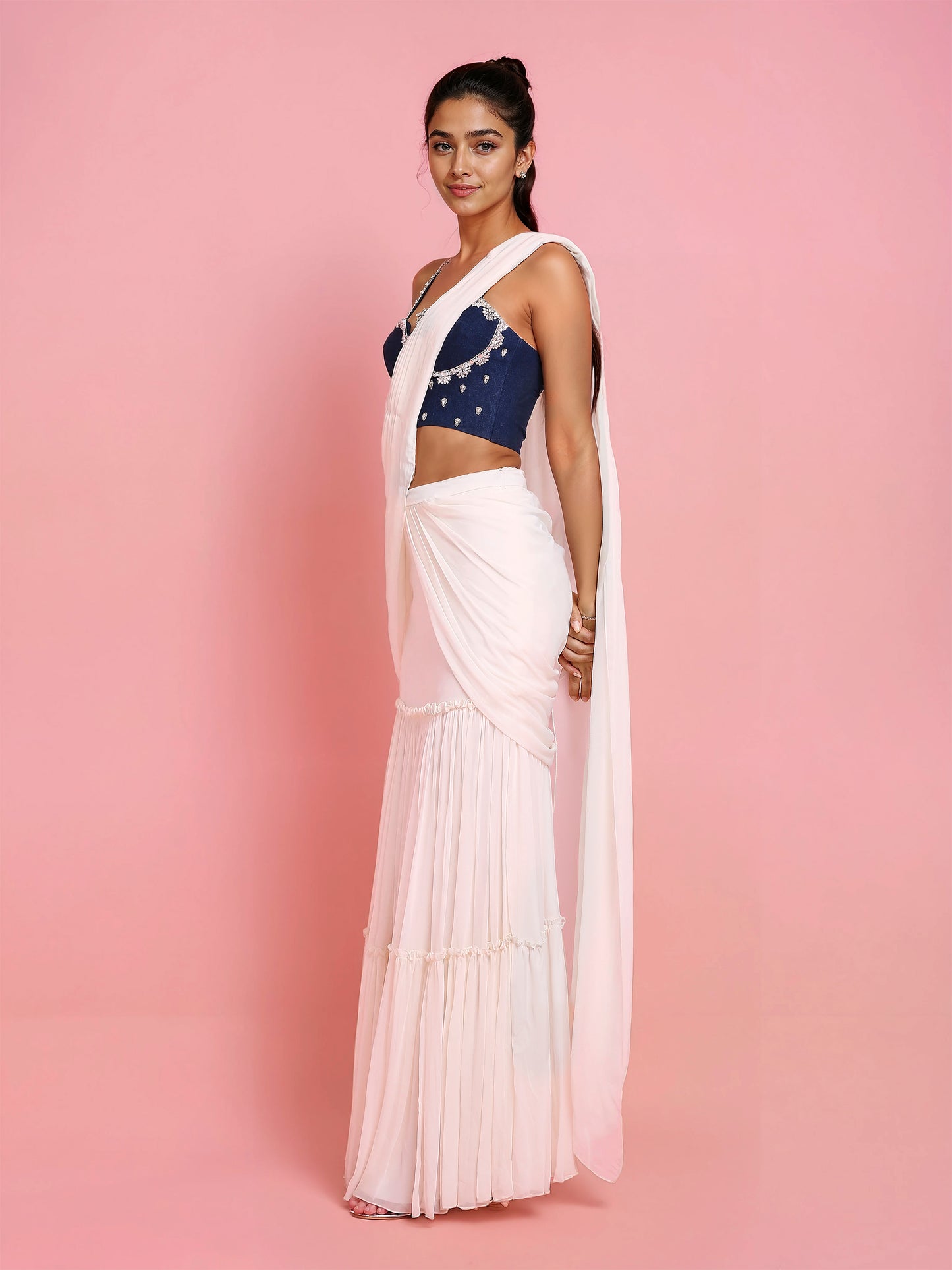 Hand Embroidered Denim Corset with Ivory Georgette Drape Saree