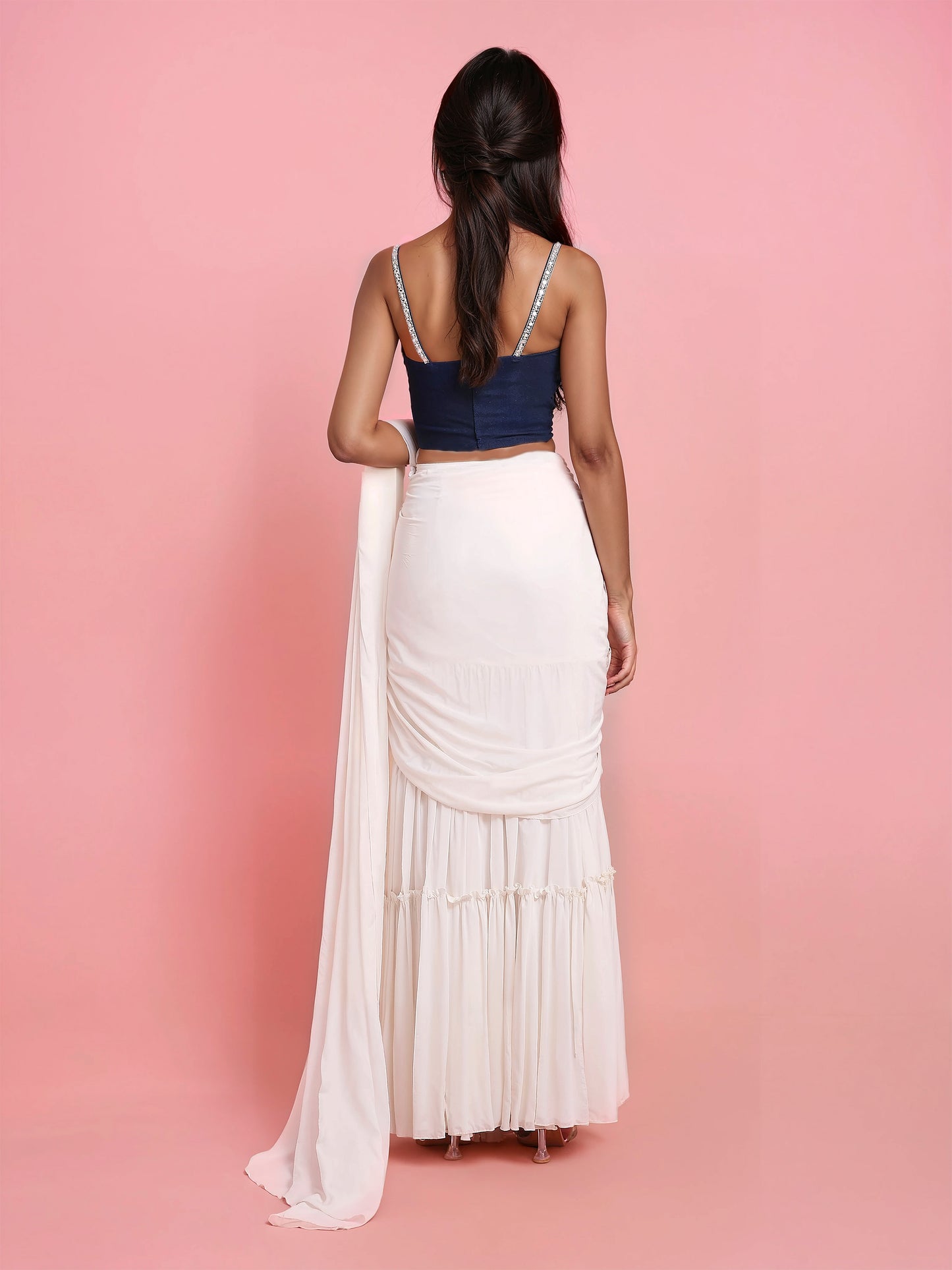 Hand Embroidered Denim Corset with Ivory Georgette Drape Saree