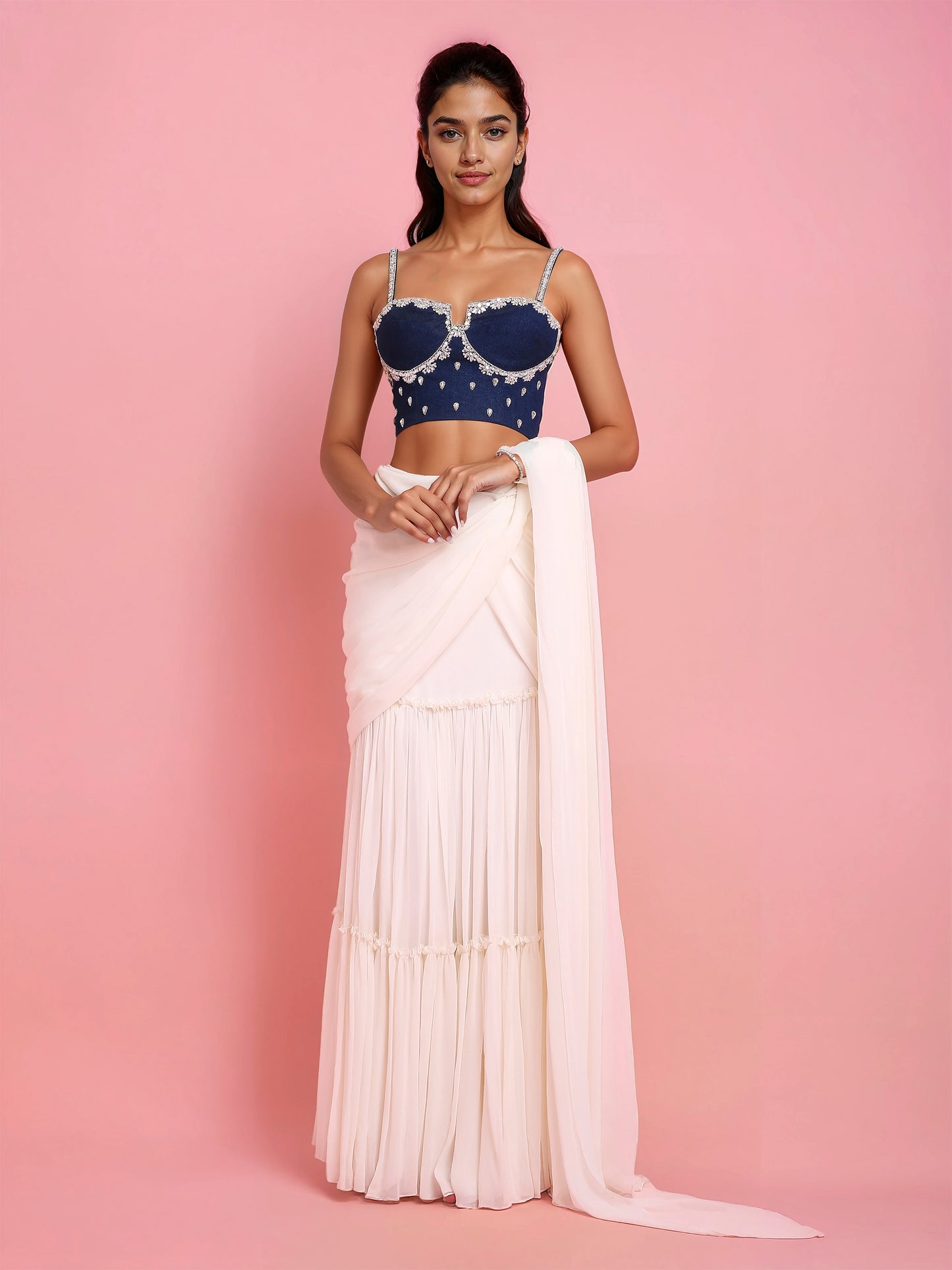 Hand Embroidered Denim Corset with Ivory Georgette Drape Saree