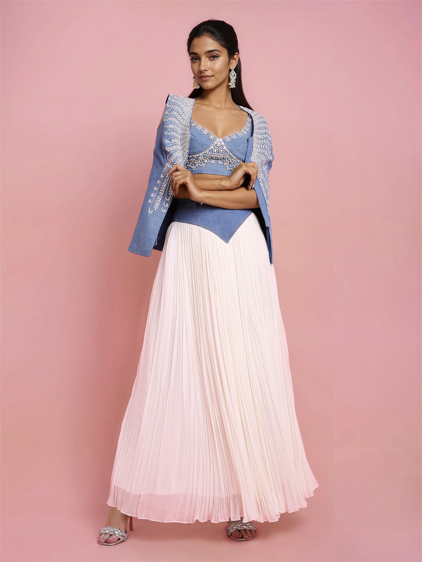 Hand Embroidered Denim Corset with Denim-Ivory Georgette Basque Skirt