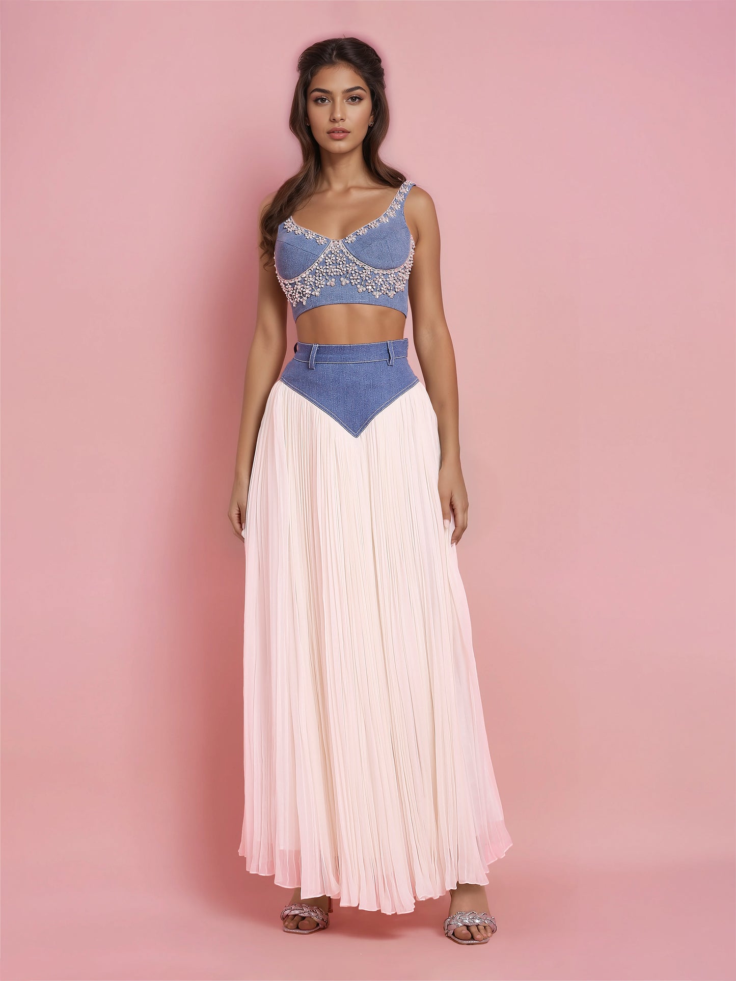 Denim-Ivory Georgette Basque Skirt (Only Skirt)