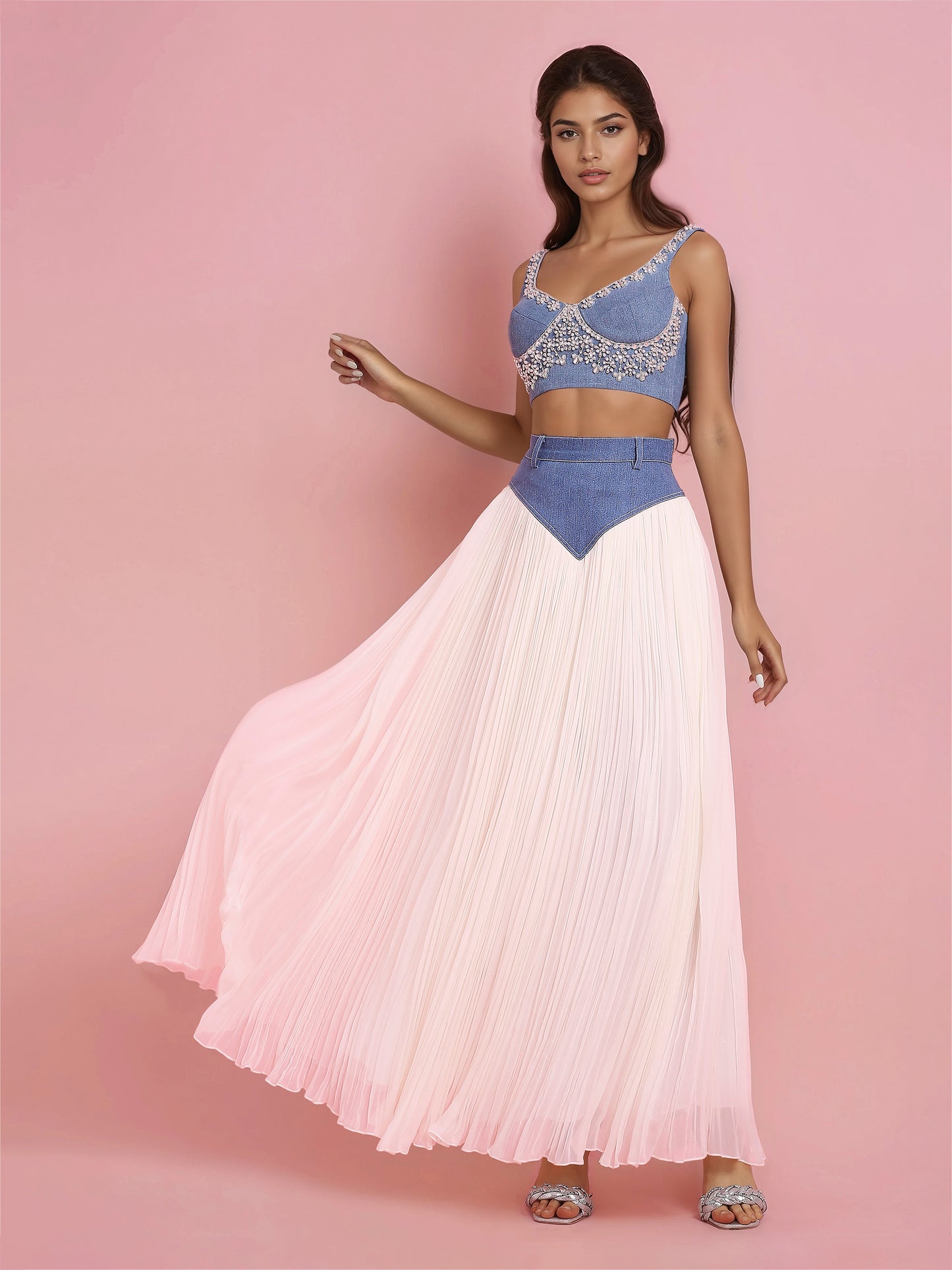 Denim-Ivory Georgette Basque Skirt (Only Skirt)
