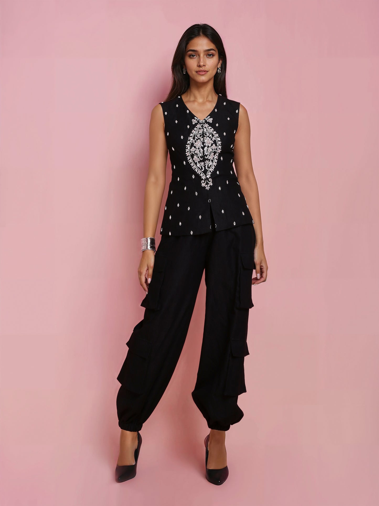 Hand Embroidered Black Denim Jacket with Black Cargo Pant