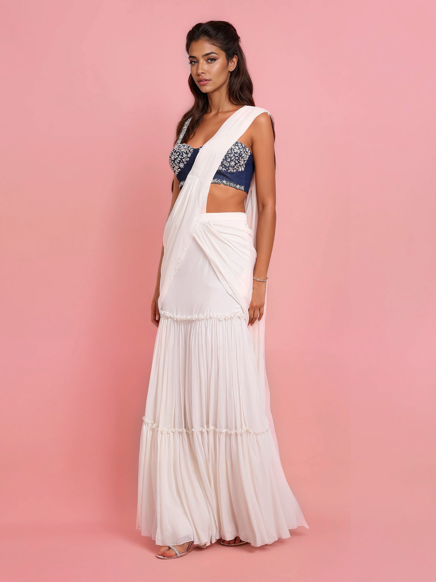 Hand Embroidered Denim Corset with Ivory Georgette Drape Saree