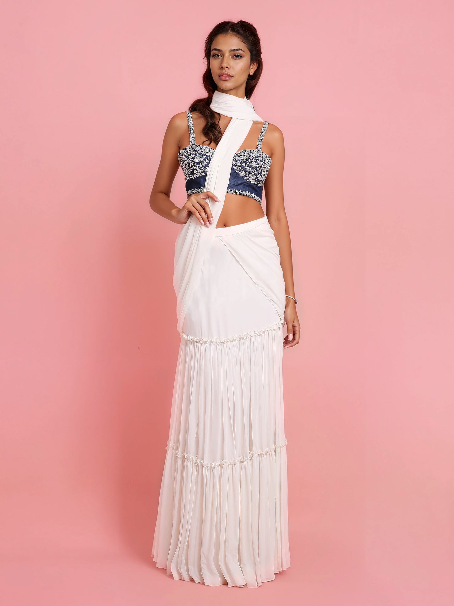 Hand Embroidered Denim Corset with Ivory Georgette Drape Saree