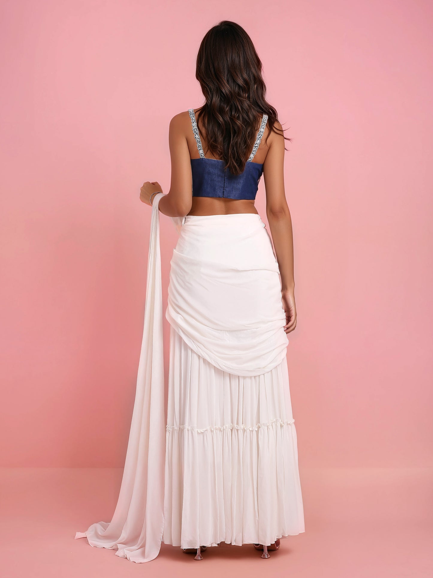 Hand Embroidered Denim Corset with Ivory Georgette Drape Saree