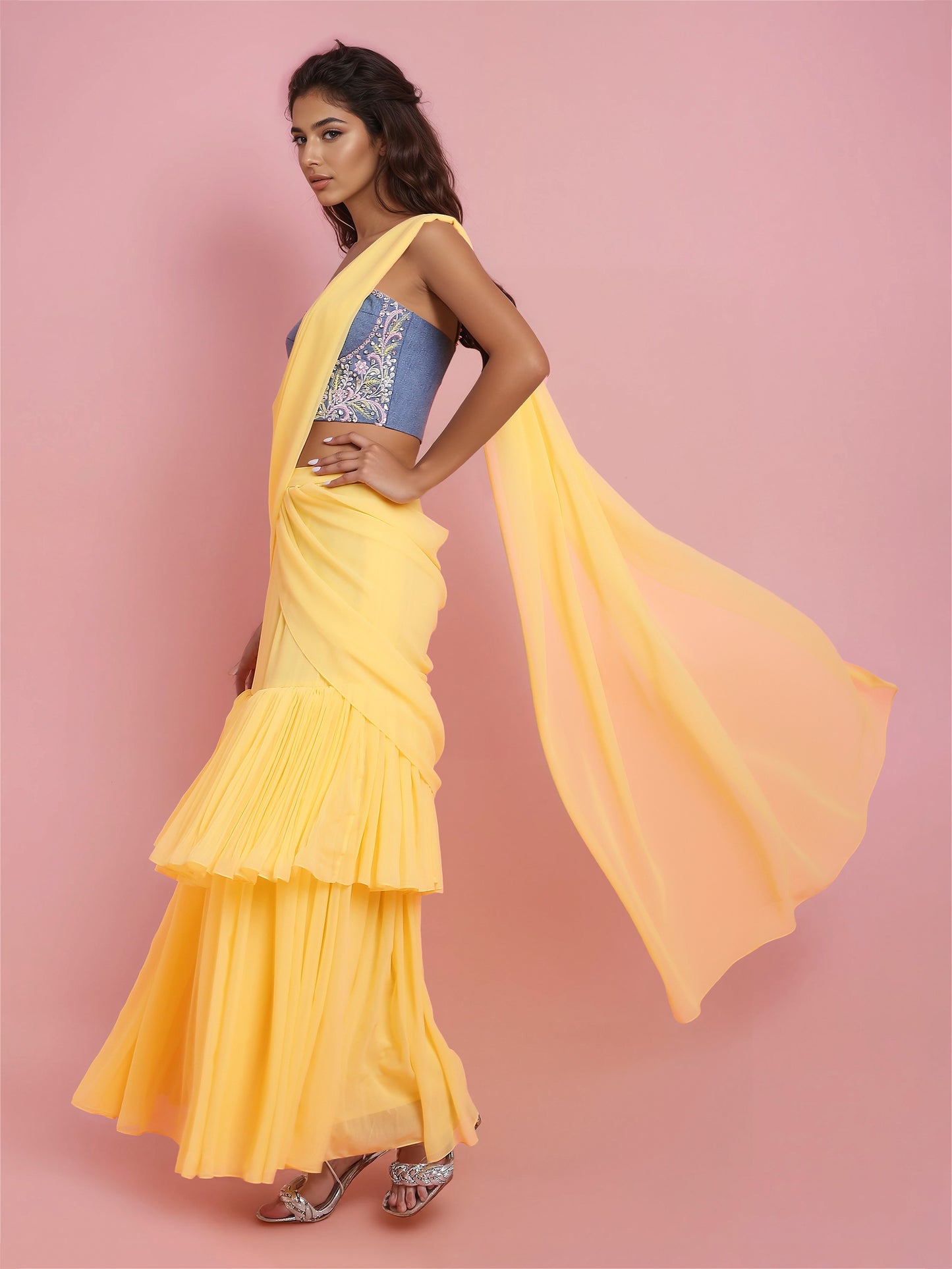 Yellow Two layered Georgette Drape Saree (Only Drape Saree)