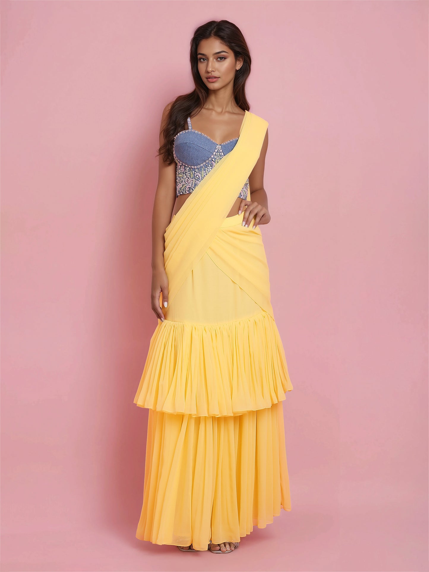 Hand Embroidered Denim Corset with Yellow two layered Georgette Drape Saree