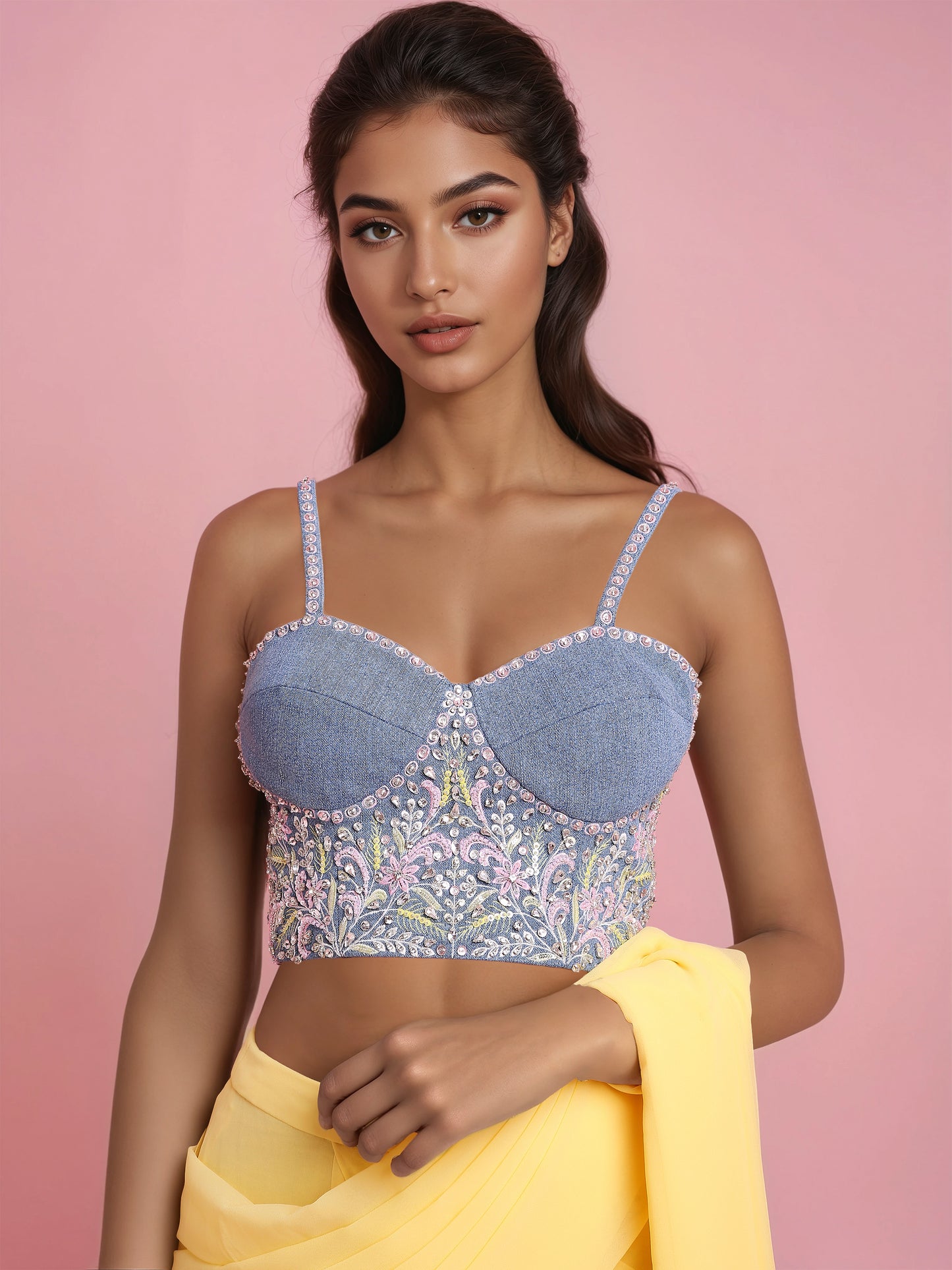 Hand Embroidered Denim Corset with Yellow two layered Georgette Drape Saree