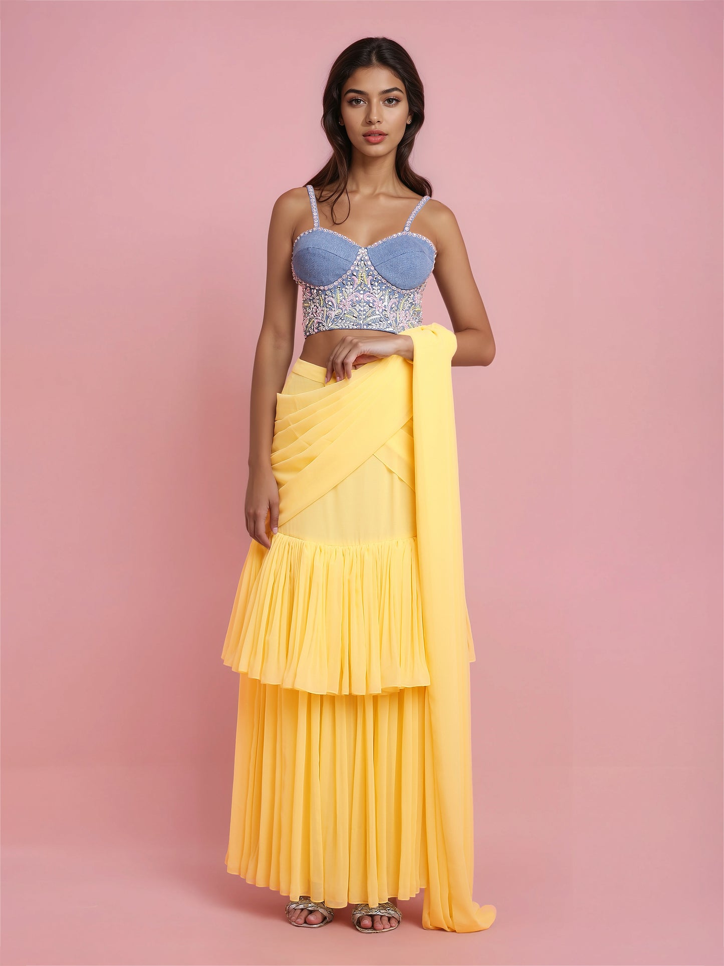 Hand Embroidered Denim Corset with Yellow two layered Georgette Drape Saree