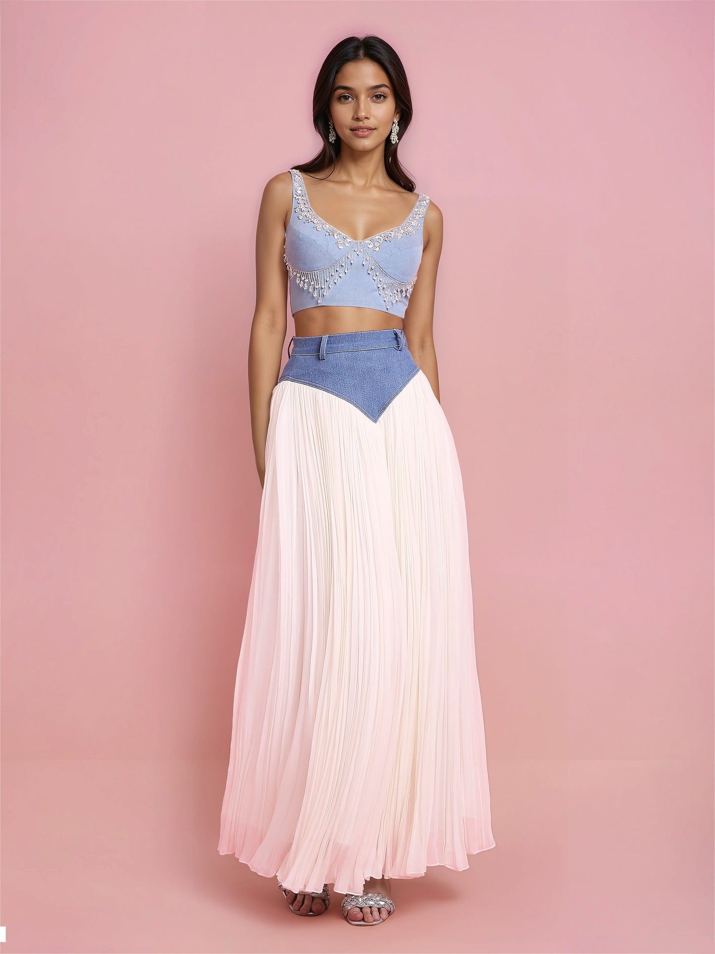 Denim-Ivory Georgette Basque Skirt (Only Skirt)
