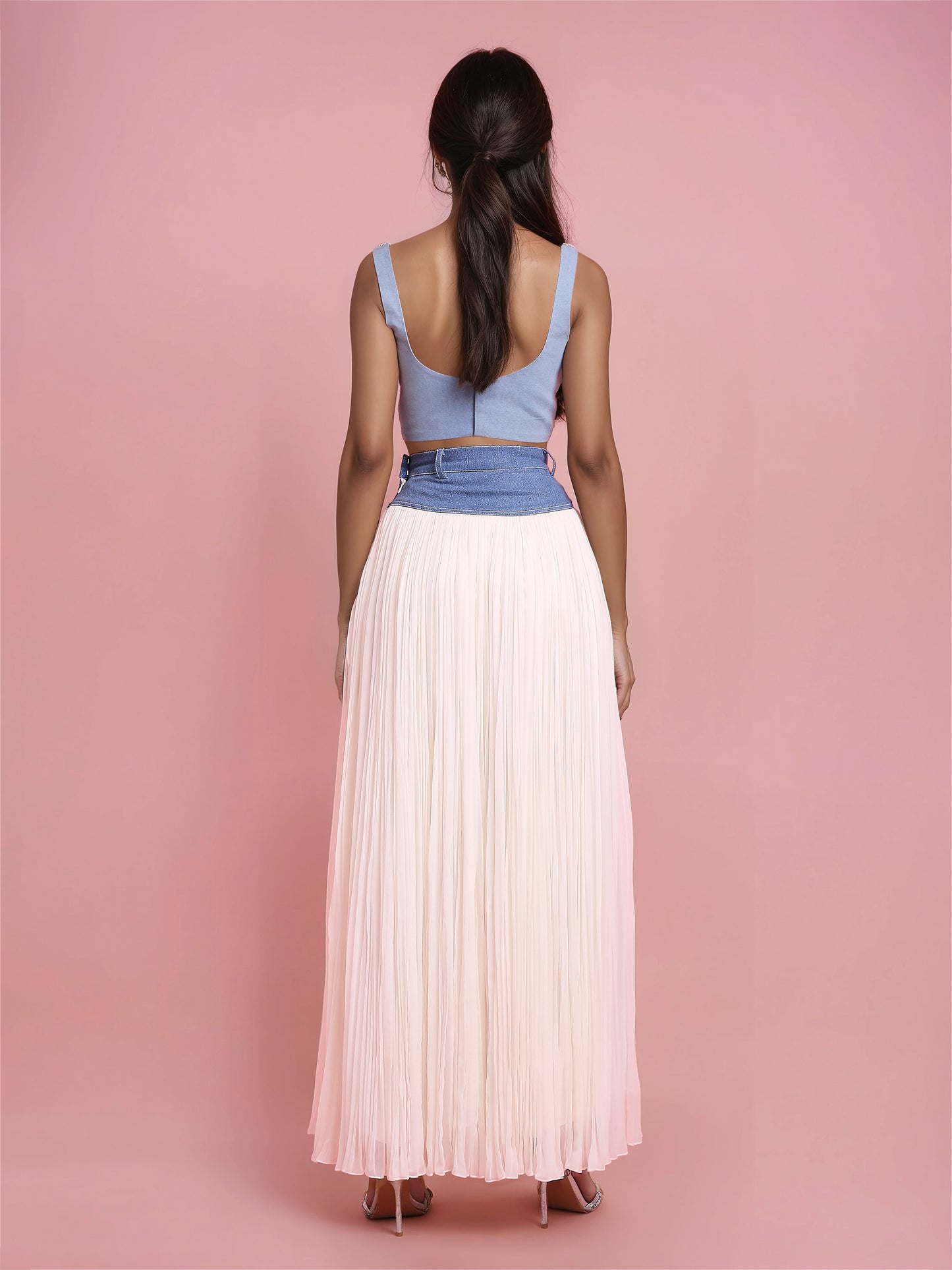Denim-Ivory Georgette Basque Skirt (Only Skirt)