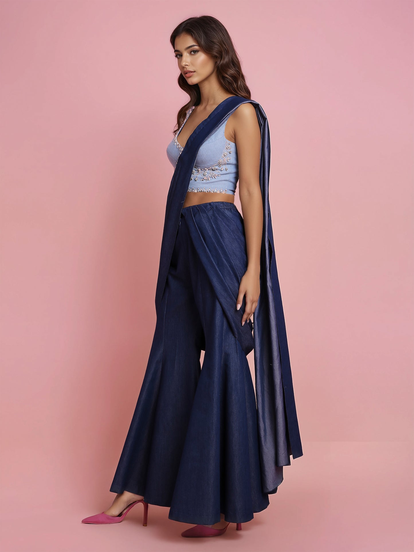Hand Embroidered Denim Corset with Denim Drape Sharara Saree