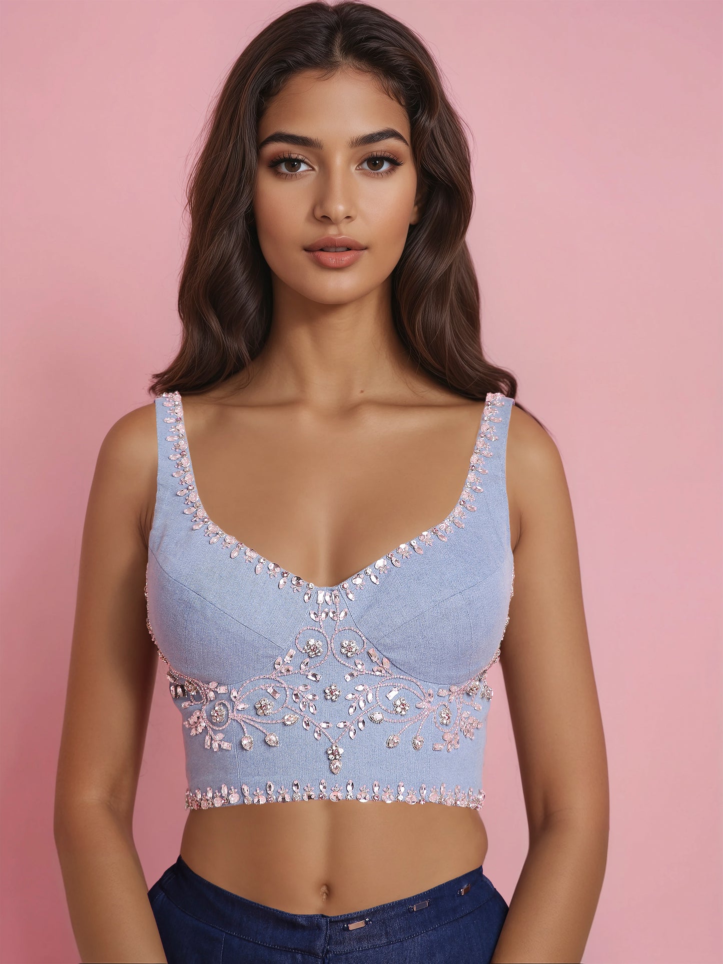 Hand Embroidered Denim Corset with Denim Drape Sharara Saree