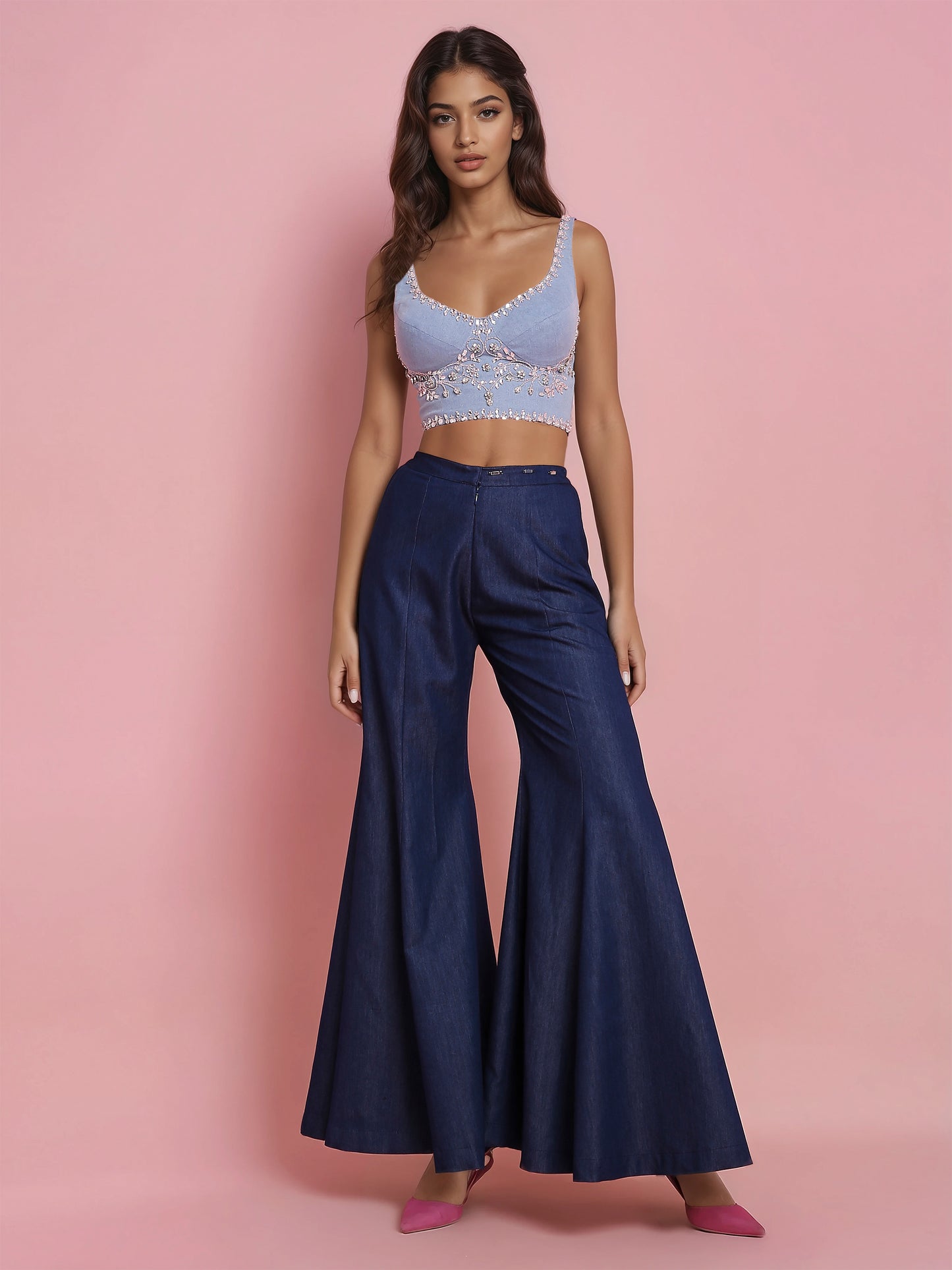 Hand Embroidered Denim Corset with Denim Drape Sharara Saree