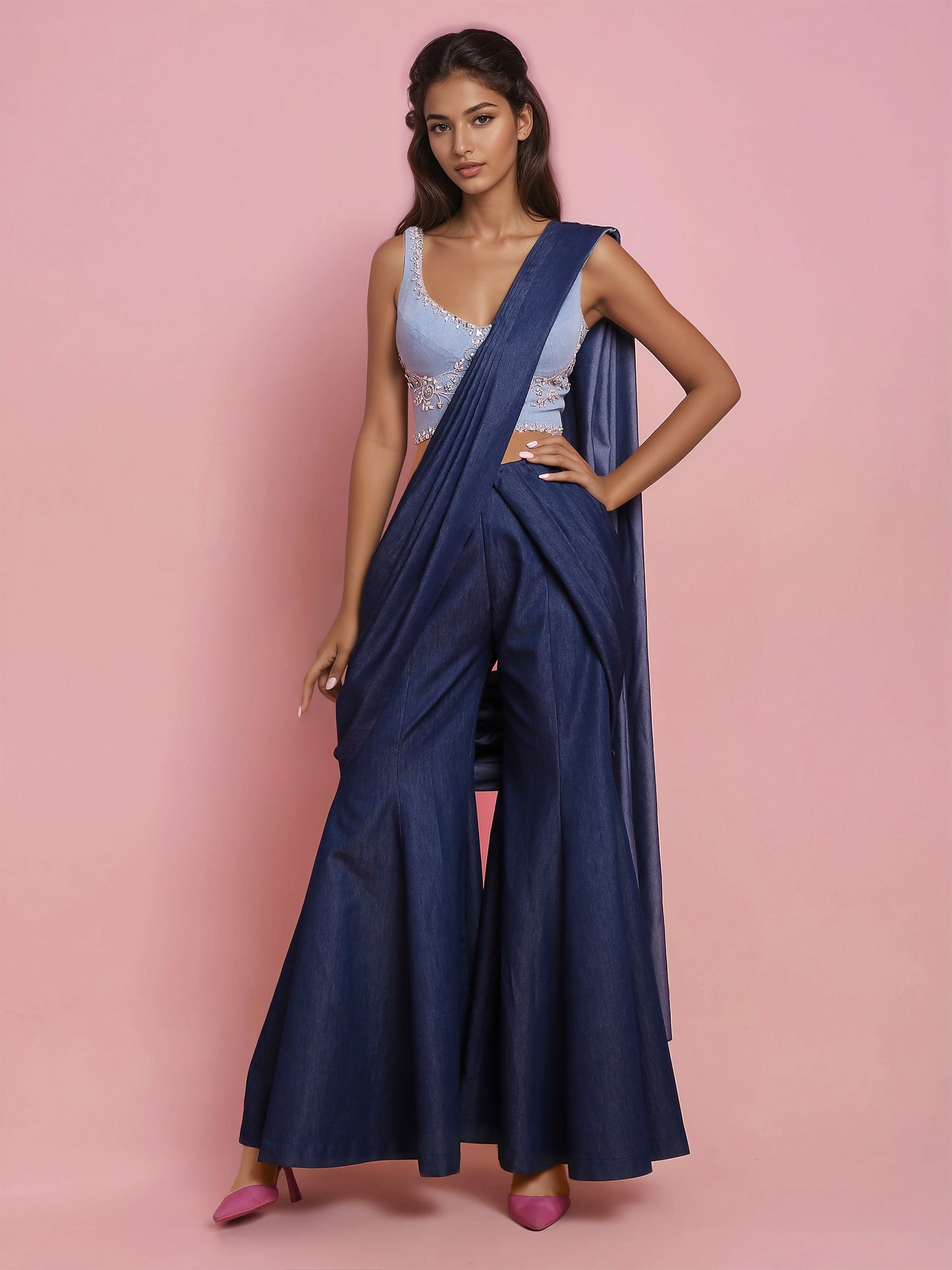 Hand Embroidered Denim Corset with Denim Drape Sharara Saree