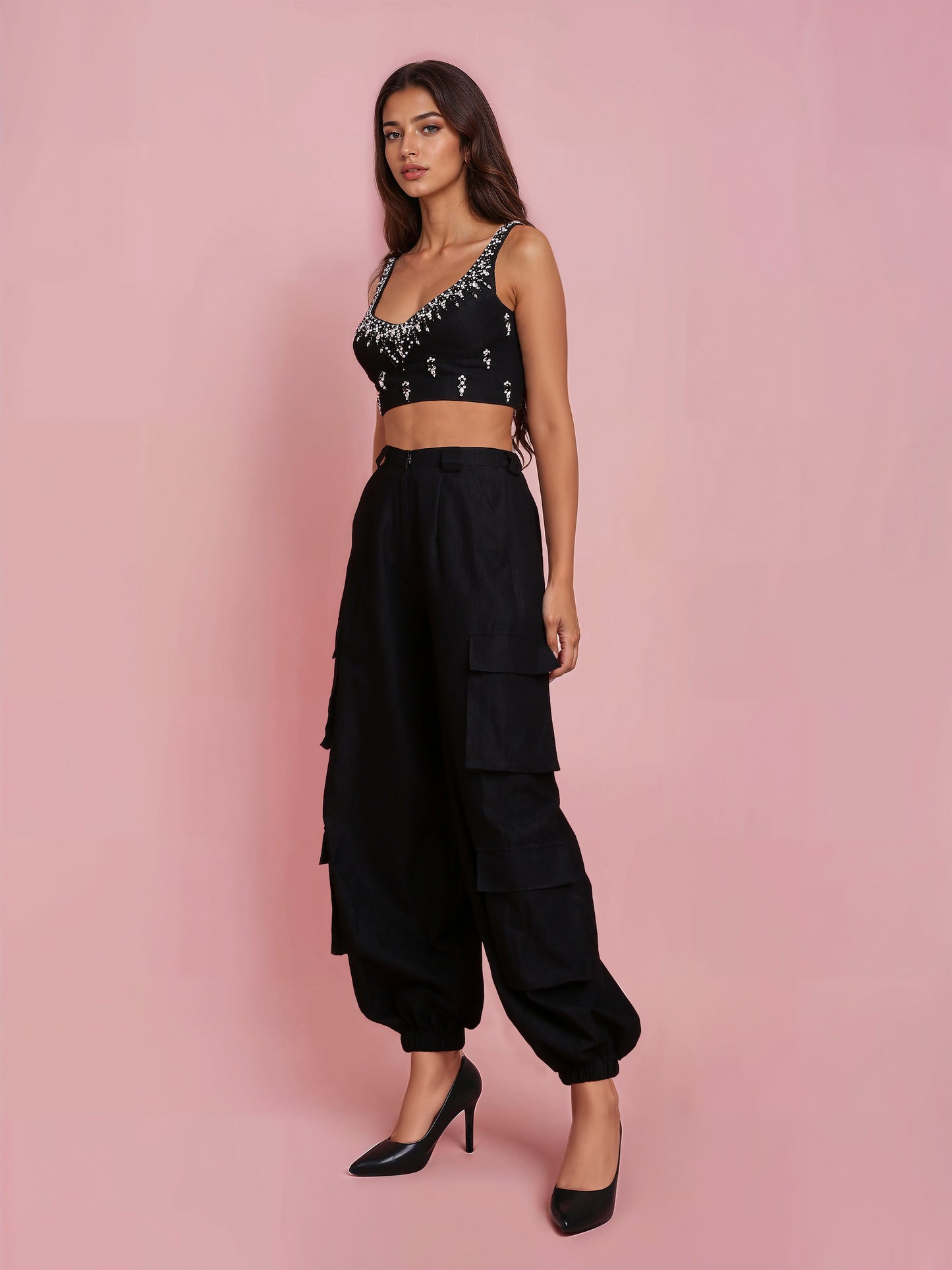Hand Embroidered Black Denim Corset with Black Denim Cargo