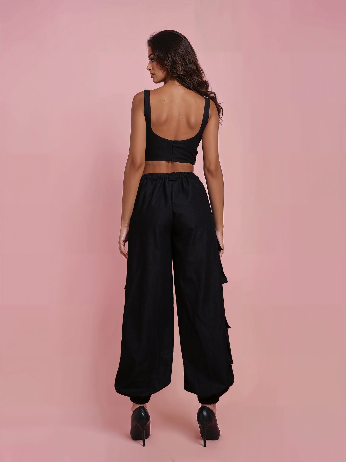 Hand Embroidered Black Denim Corset with Black Denim Cargo