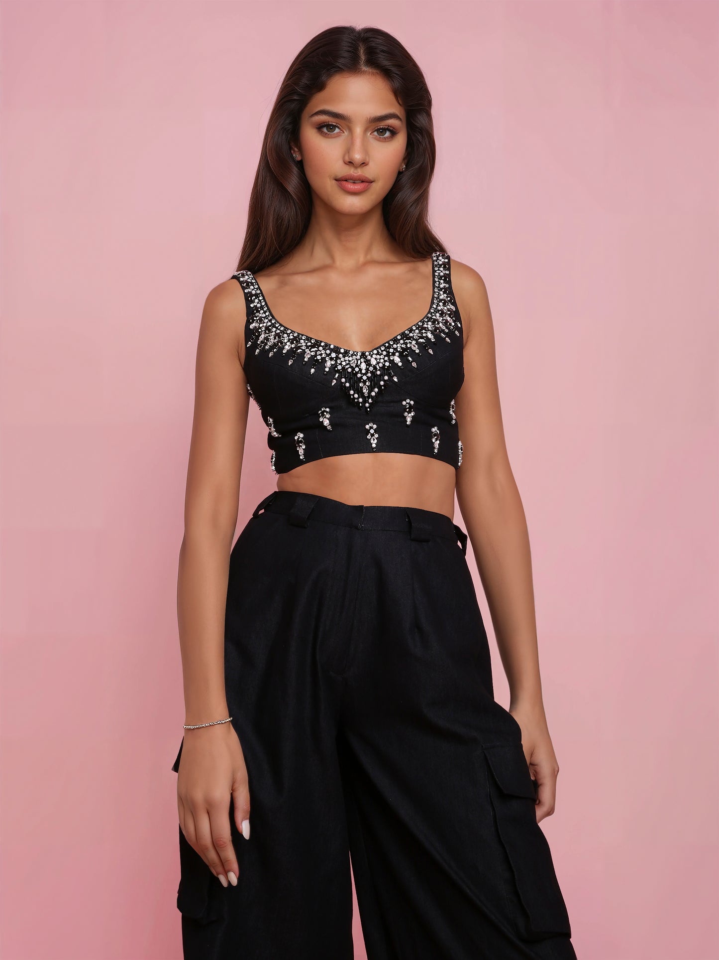 Hand Embroidered Black Denim Corset with Black Denim Cargo