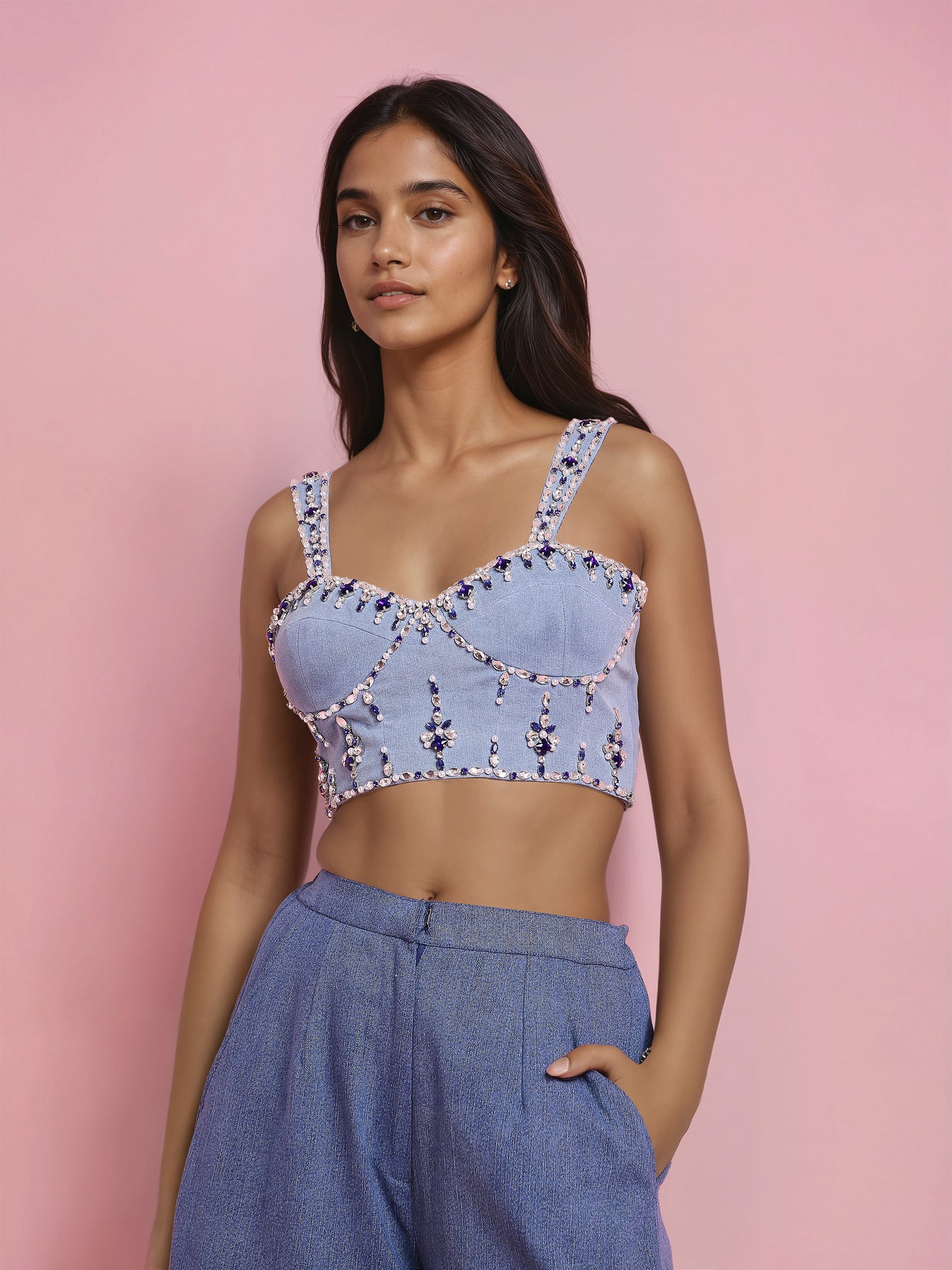 Hand Embroidered Denim Corset With Blue Denim Pant