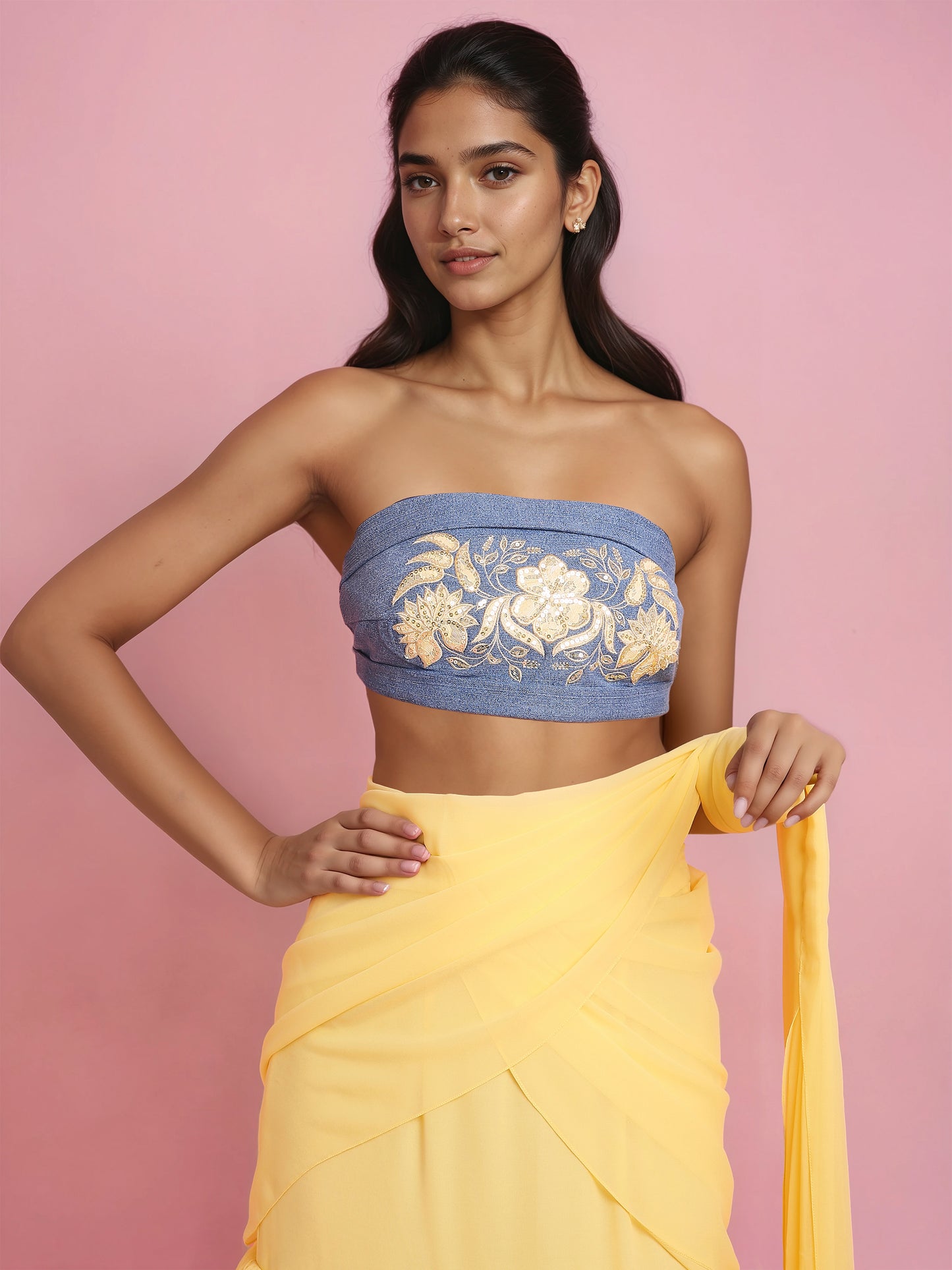 Hand Embroidered Denim Corset with Yellow two layered Georgette Drape Saree