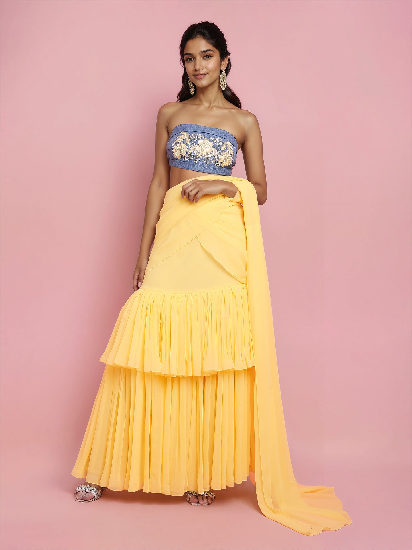 Yellow Two layered Georgette Drape Saree (Only Drape Saree)