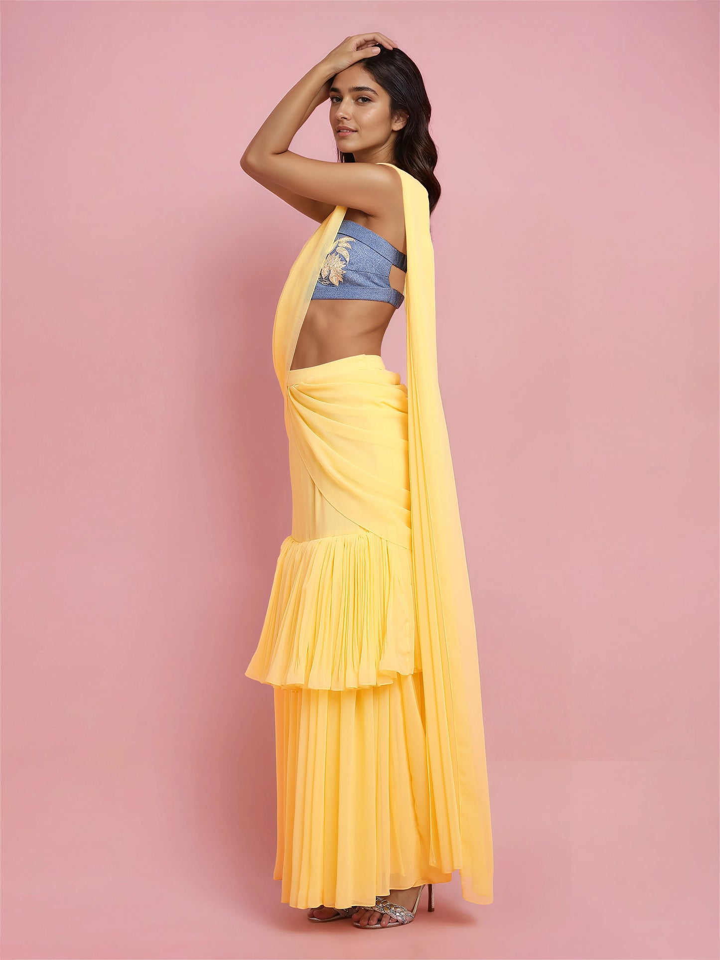 Hand Embroidered Denim Corset with Yellow two layered Georgette Drape Saree