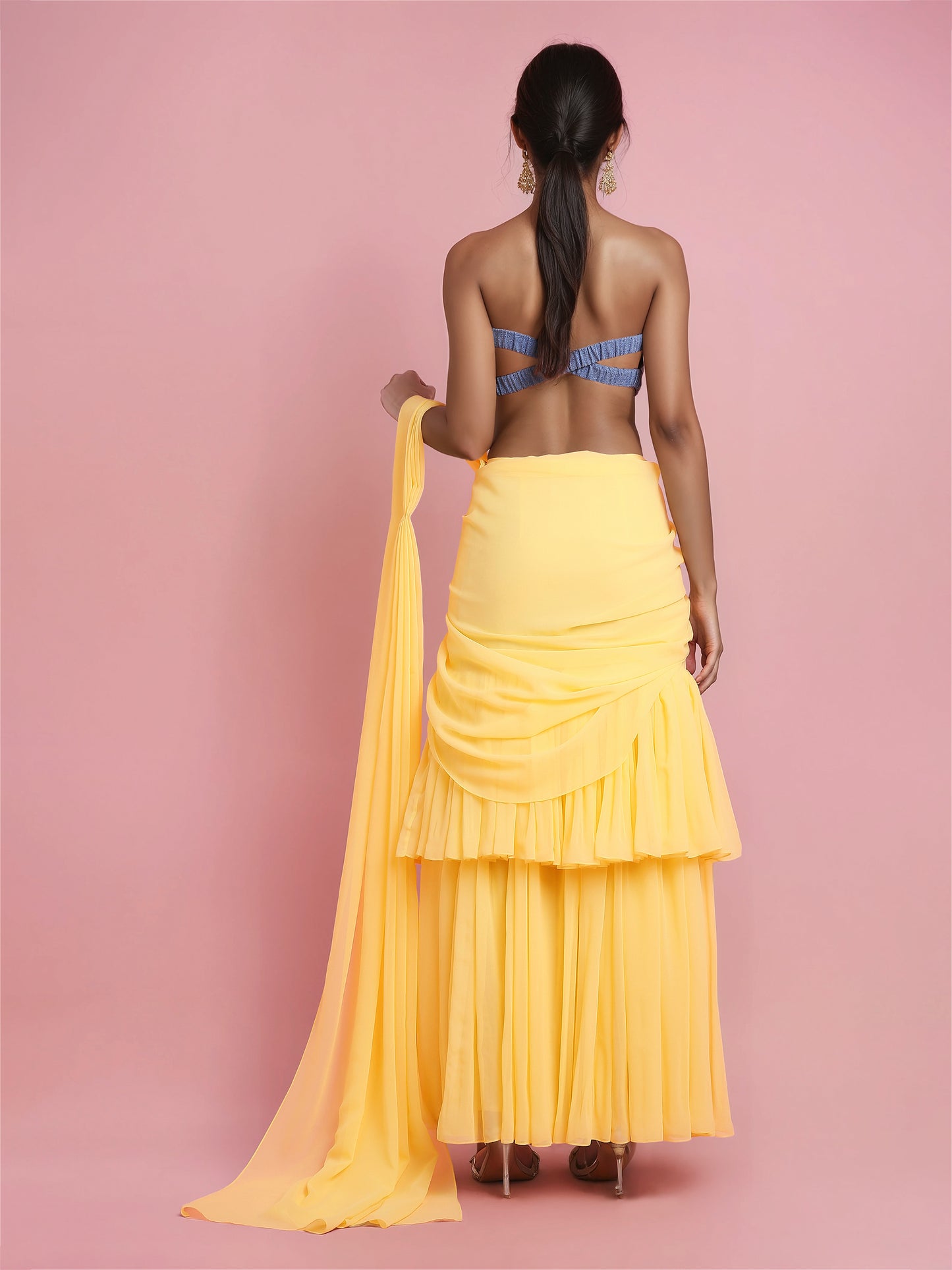 Hand Embroidered Denim Corset with Yellow two layered Georgette Drape Saree