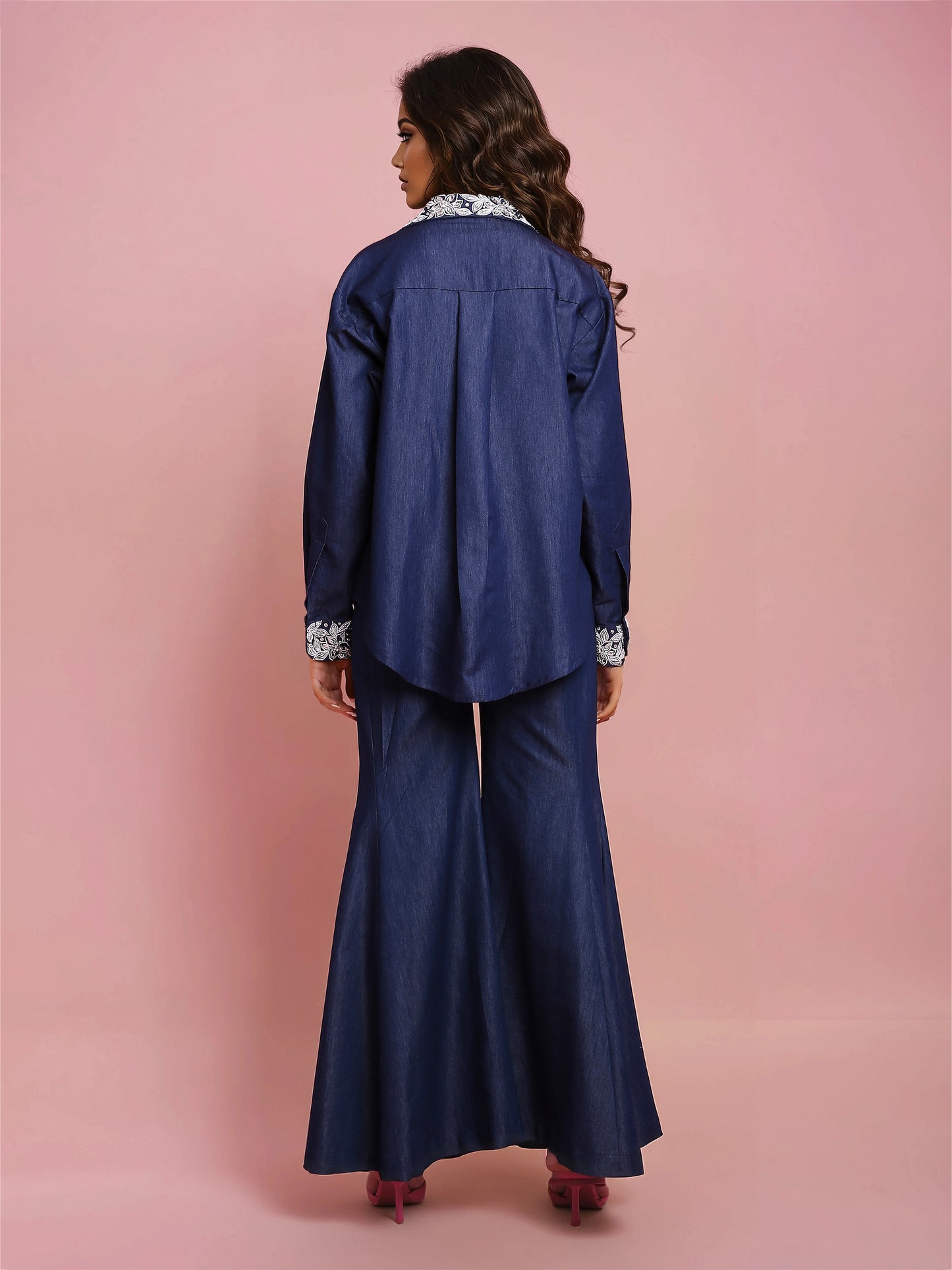 Hand Embroidered Denim Shirt with Sharara Denim Pant