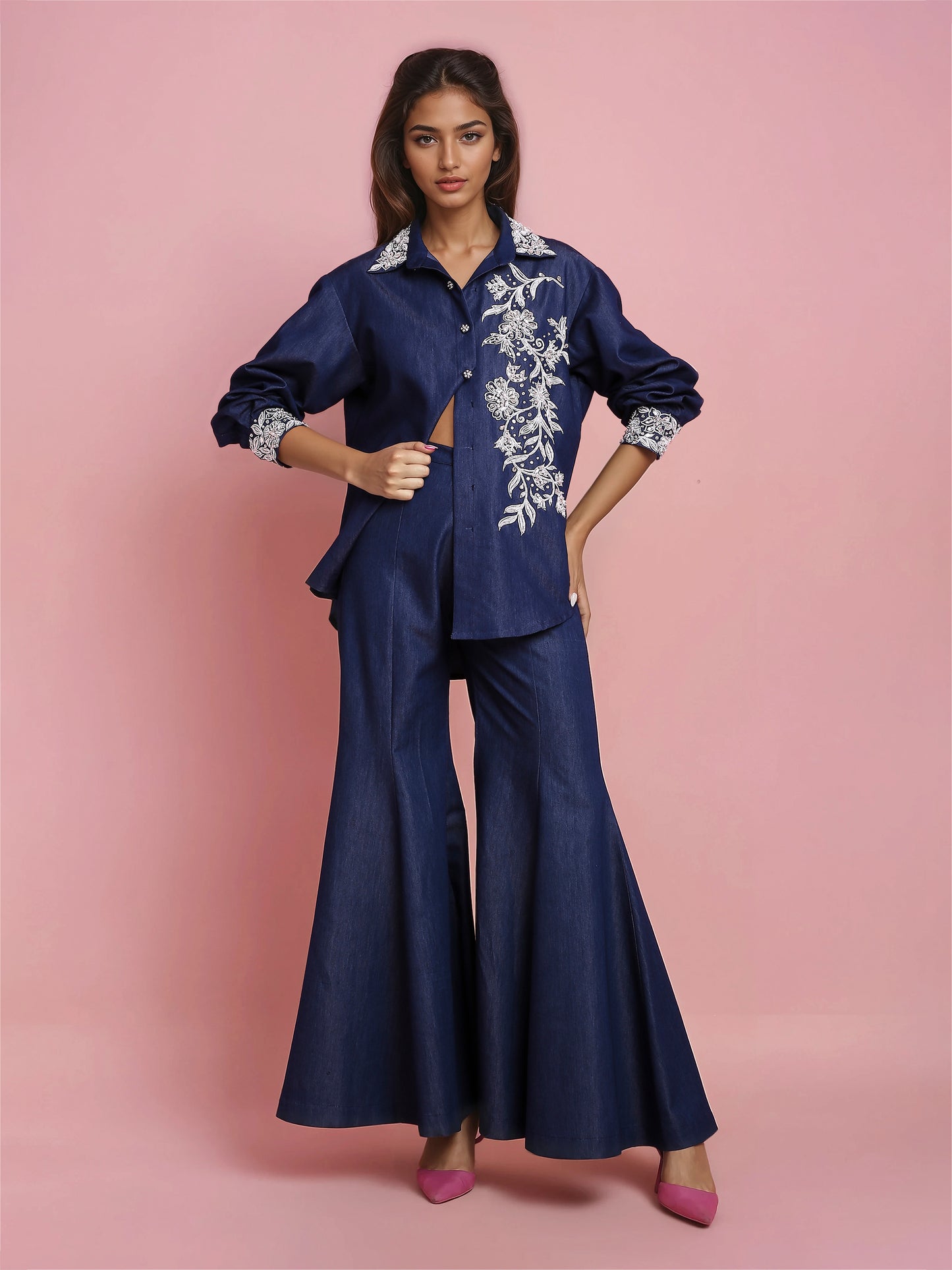 Hand Embroidered Denim Shirt with Sharara Denim Pant
