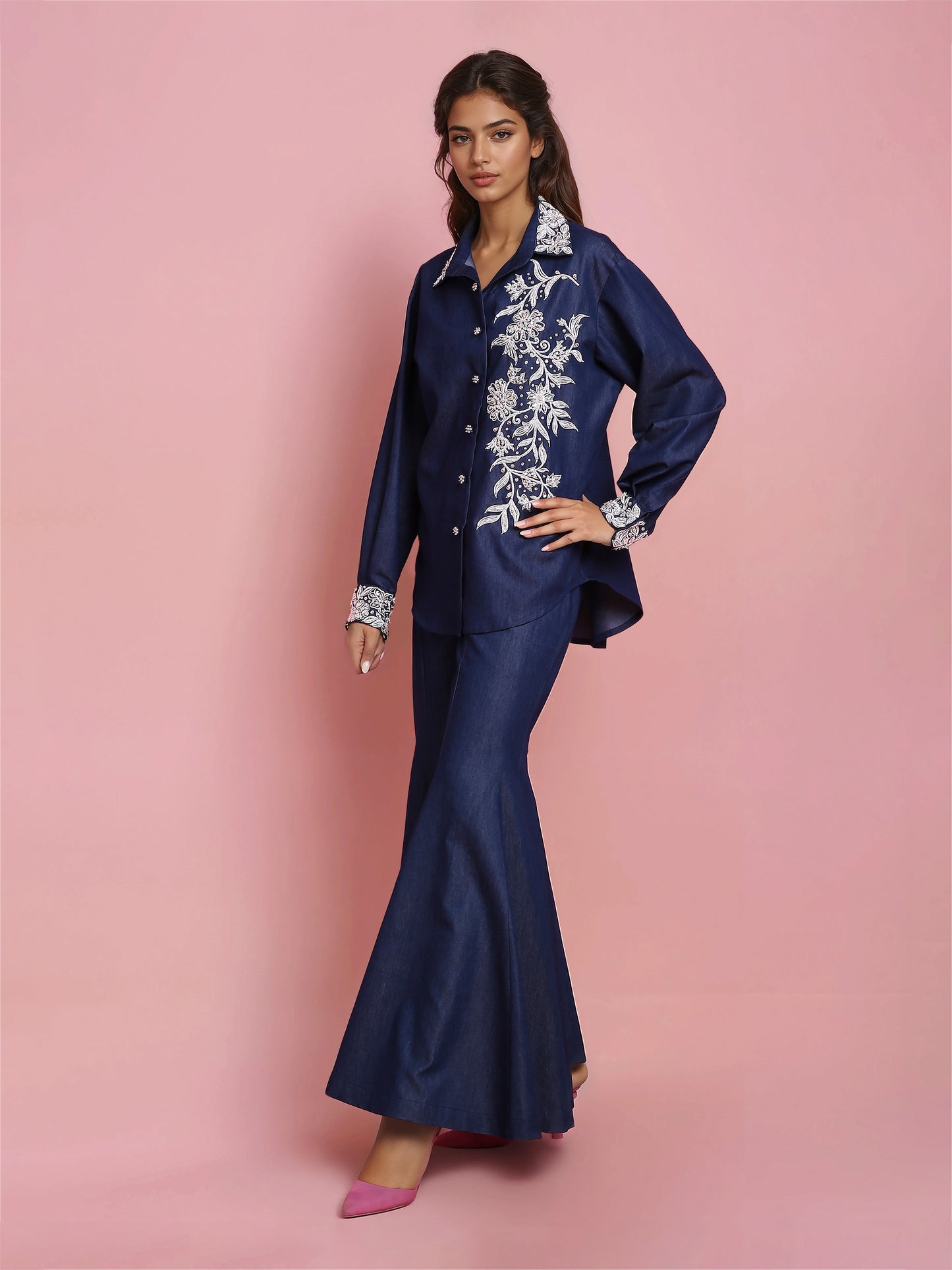Hand Embroidered Denim Shirt with Sharara Denim Pant
