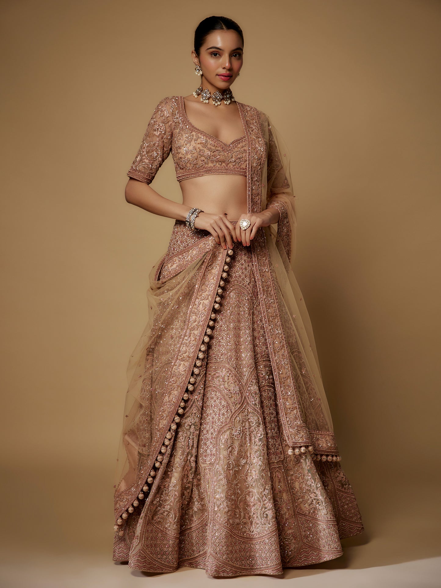 Nude Lehenga Set in Net with Hand Embroidery