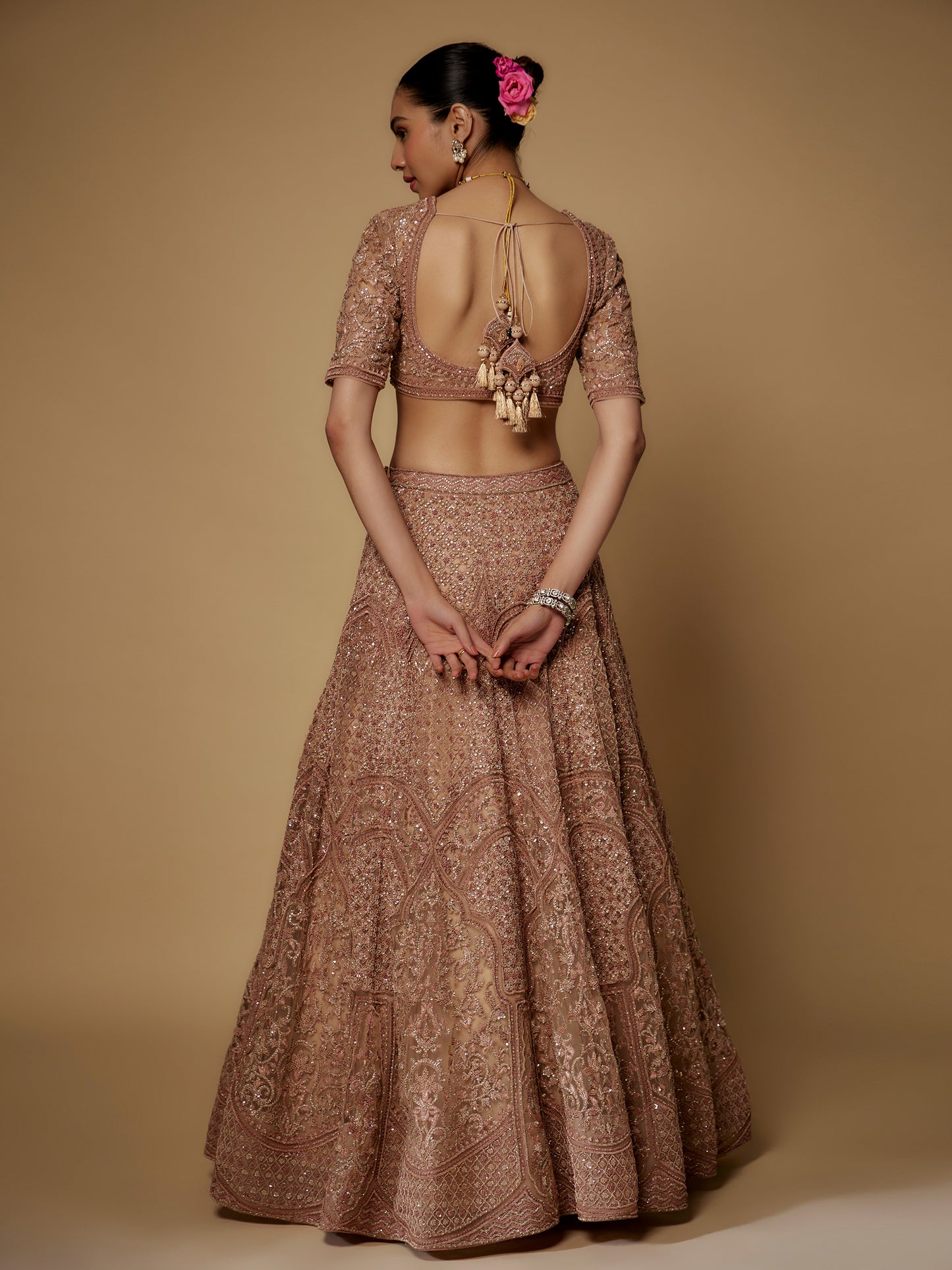 Nude Lehenga Set in Net with Hand Embroidery