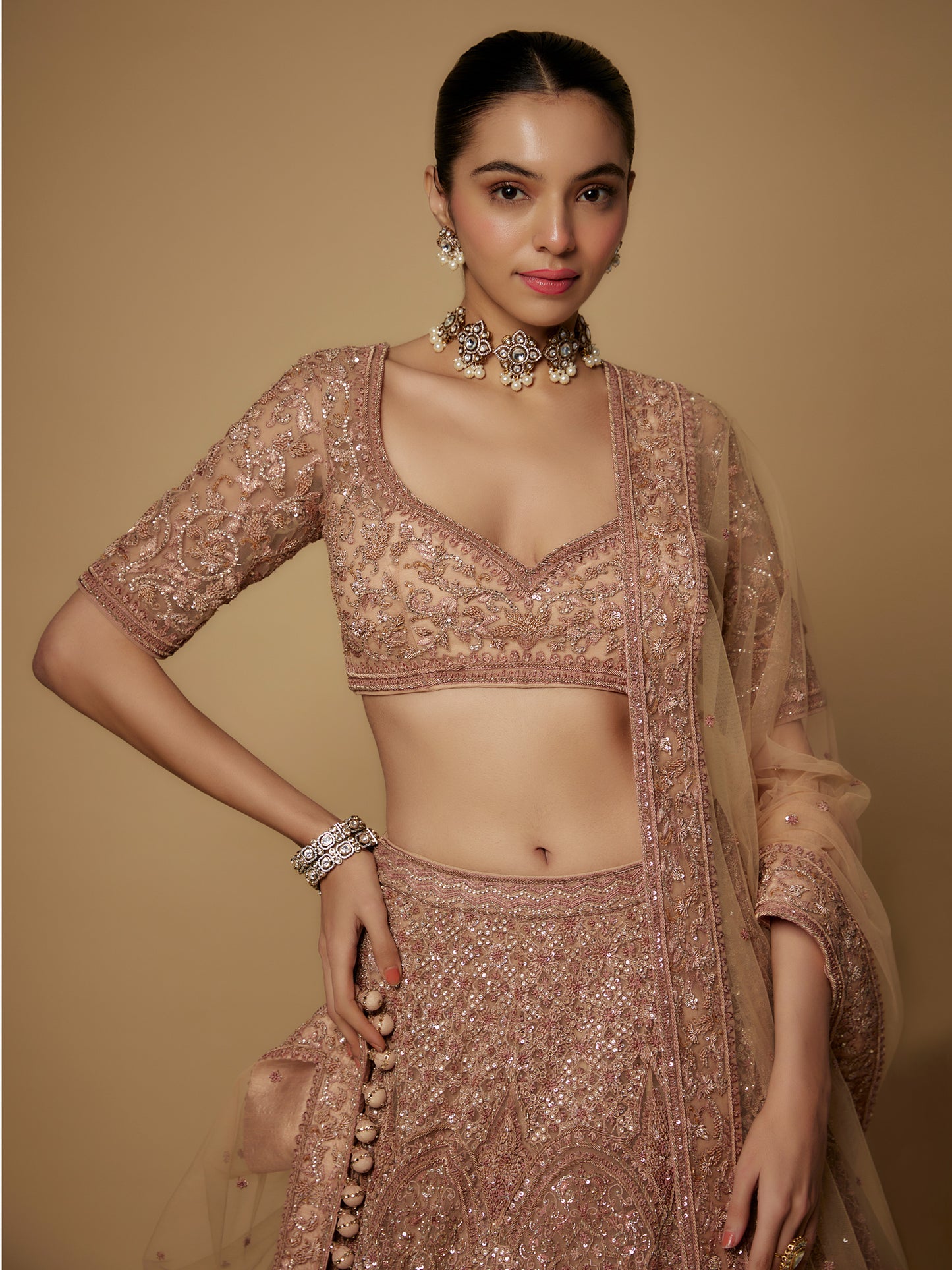 Nude Lehenga Set in Net with Hand Embroidery