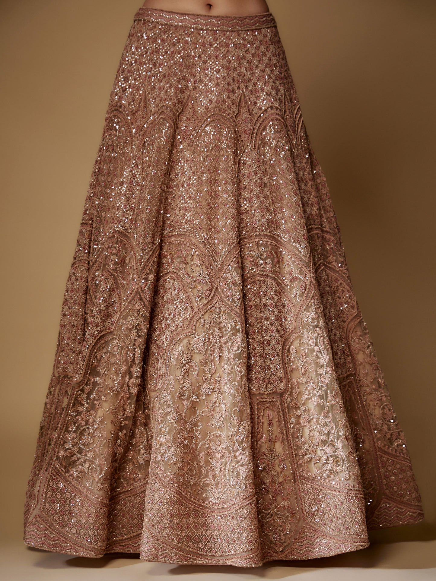 Nude Lehenga Set in Net with Hand Embroidery