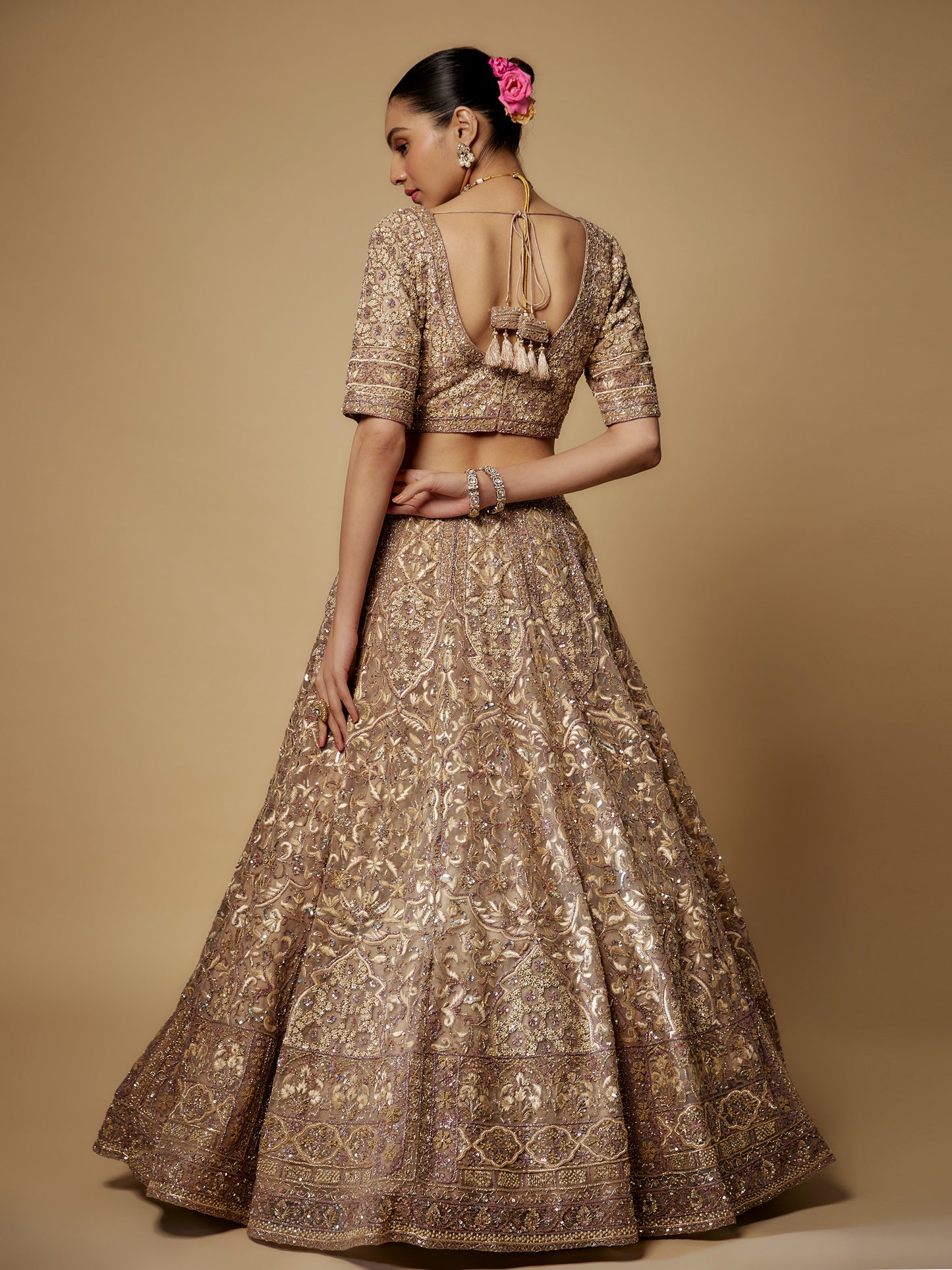 Beige Net Embroidered Lehenga Set with Embroidered Dupatta