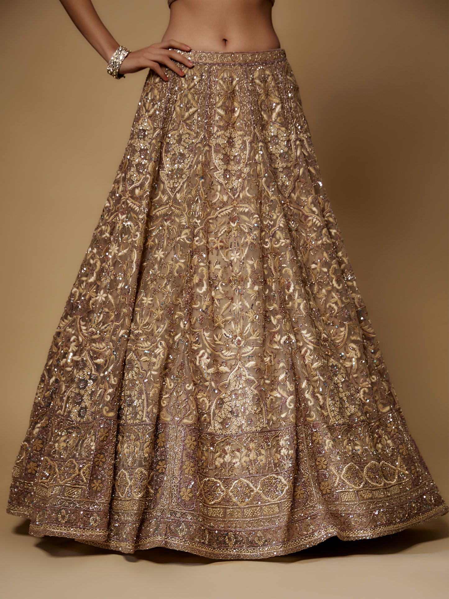 Beige Net Embroidered Lehenga Set with Embroidered Dupatta