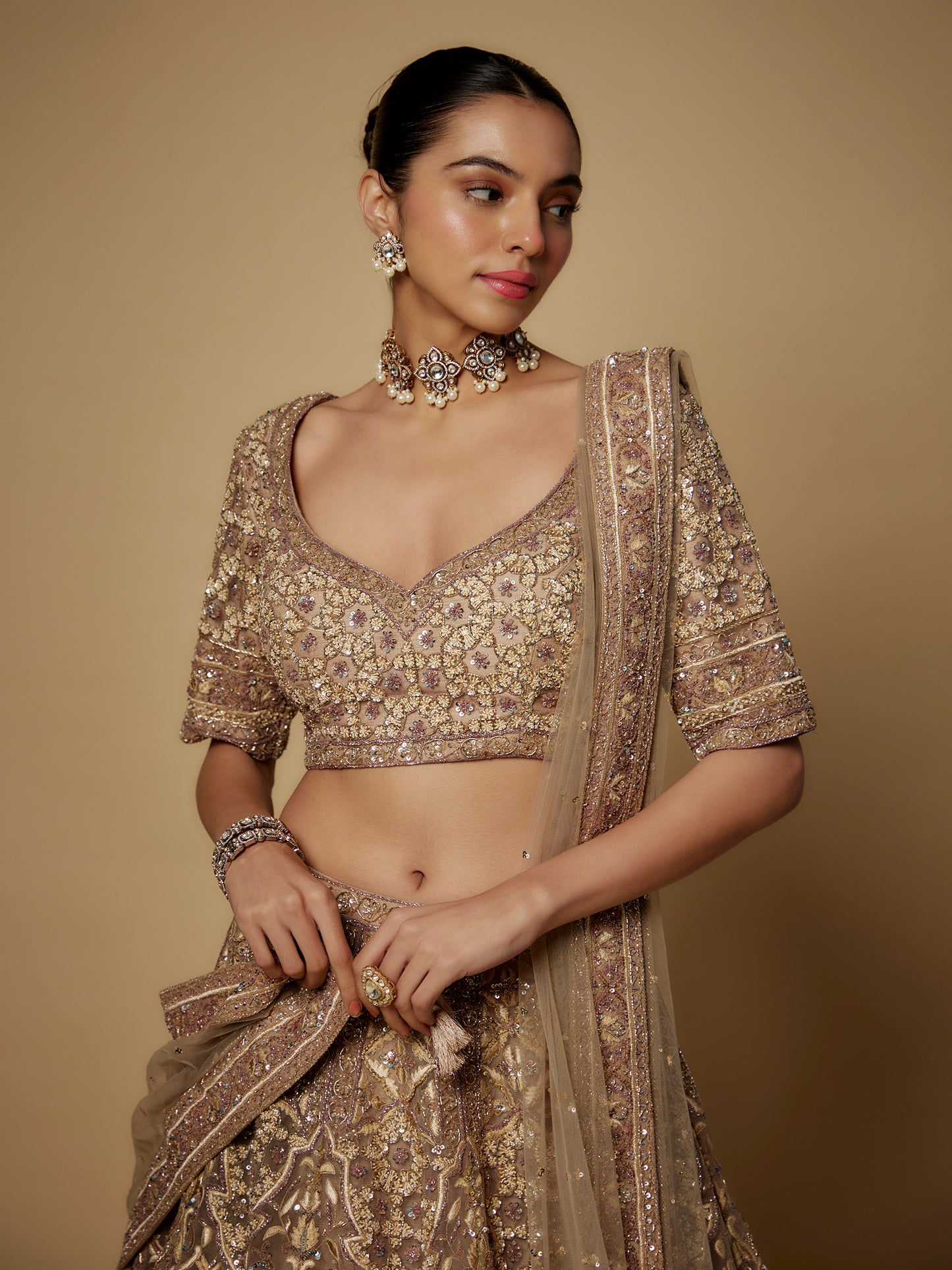 Beige Net Embroidered Lehenga Set with Embroidered Dupatta
