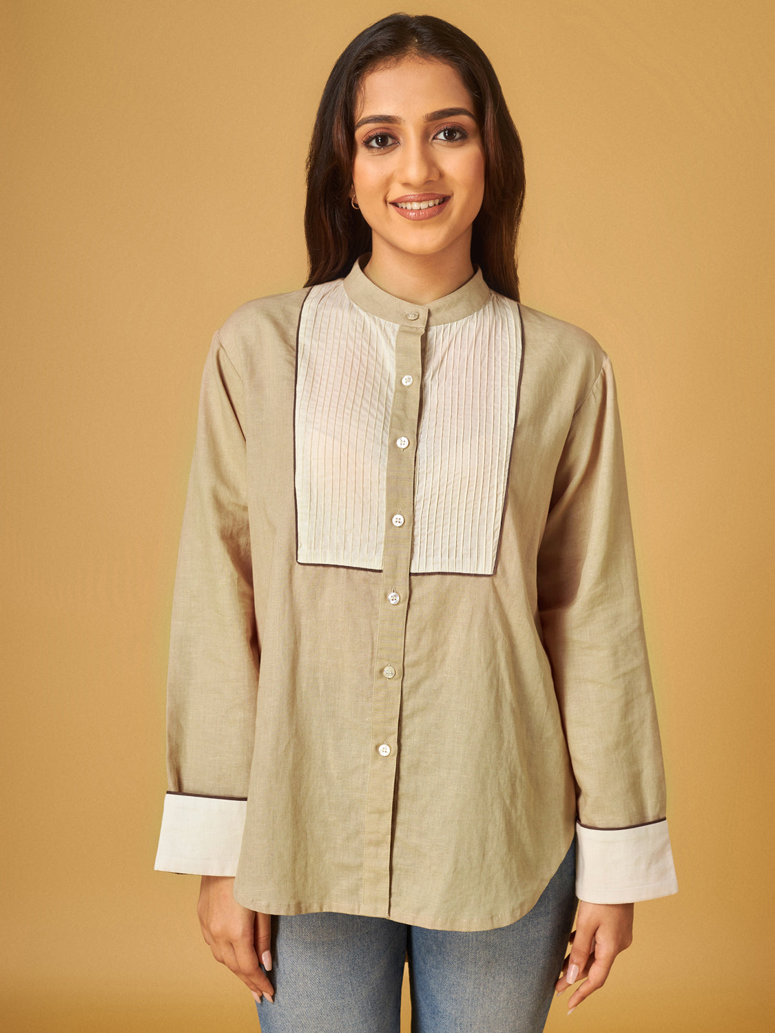 Ancient Scroll Cotton Linen Pintucks Detailed Shirt