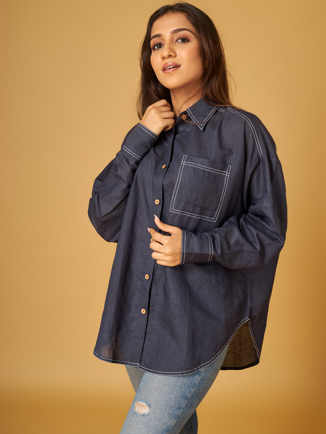Ultra Marine Blue Cotton Linen Shirts with Contrast Stitch