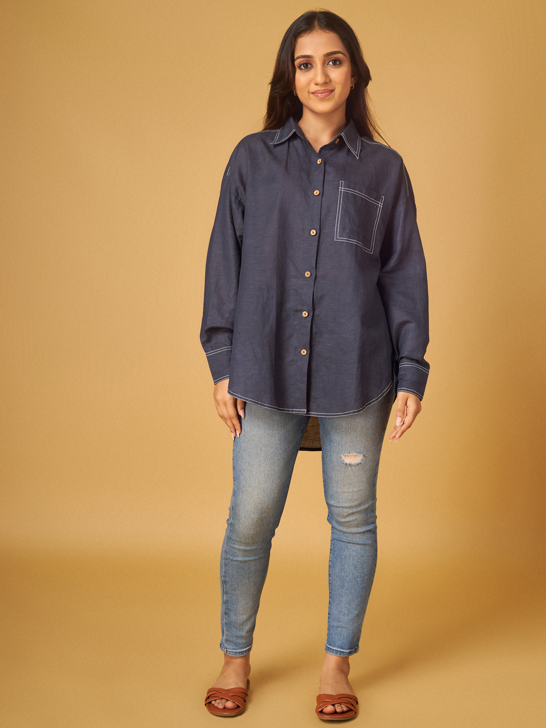 Ultra Marine Blue Cotton Linen Shirts with Contrast Stitch