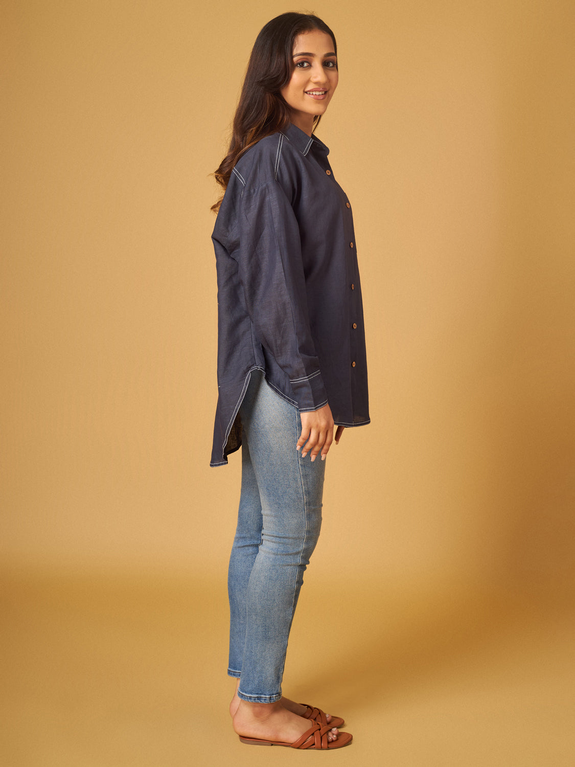 Ultra Marine Blue Cotton Linen Shirts with Contrast Stitch