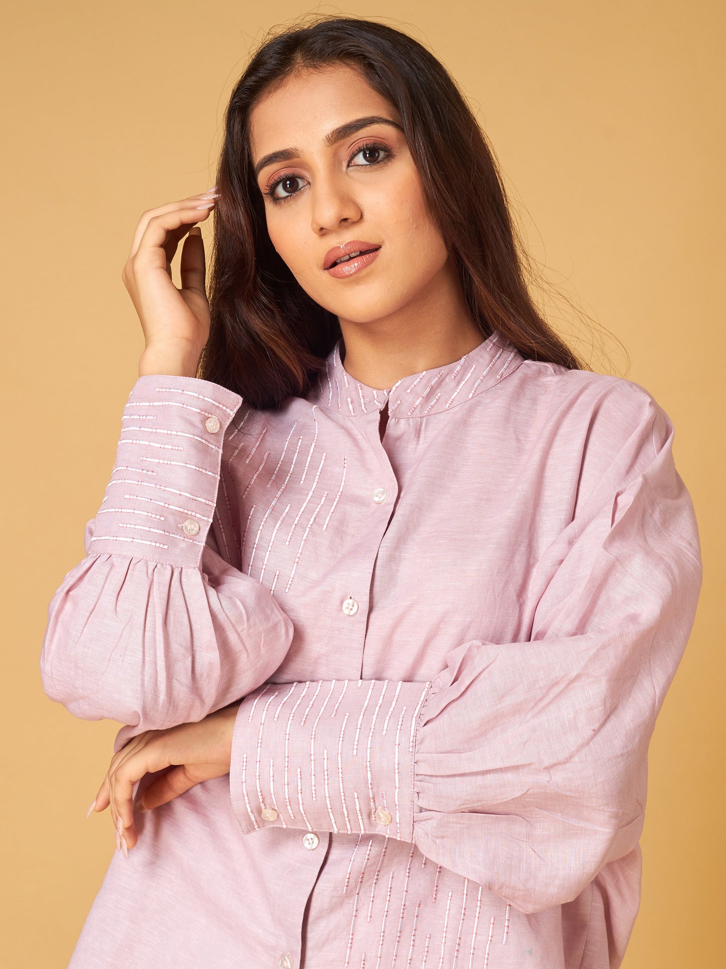 Gray Lilac Baby Pink Linen Embroidered Co-ord Set