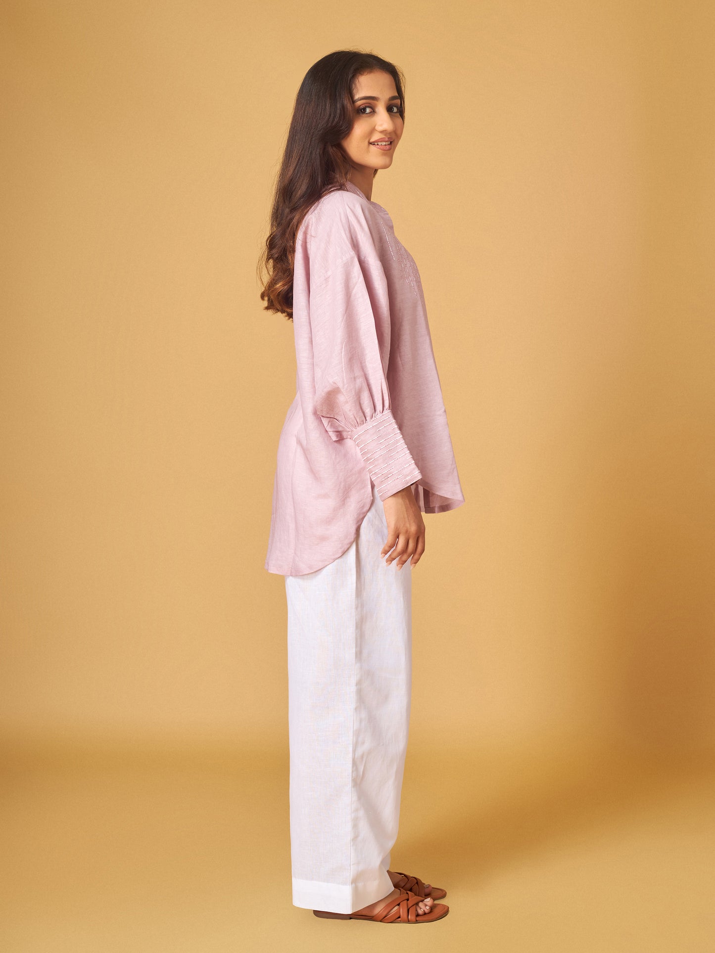 Gray Lilac Baby Pink Linen Embroidered Co-ord Set