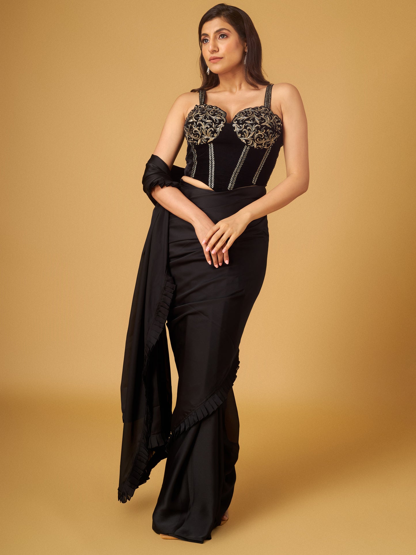 Black Satin Georgette Pre-Stitched Saree with Embroidered Corset