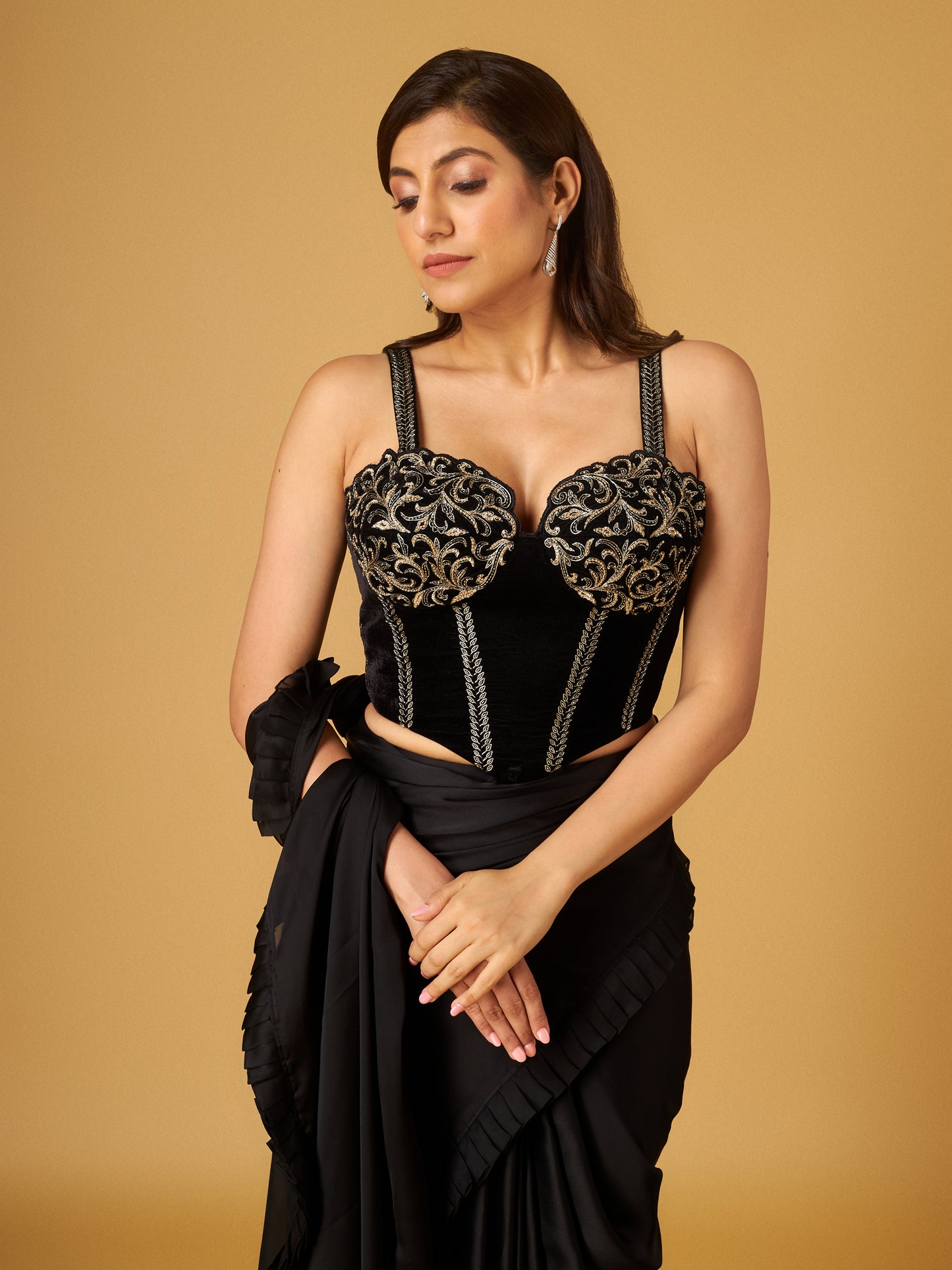 Black Satin Georgette Pre-Stitched Saree with Embroidered Corset