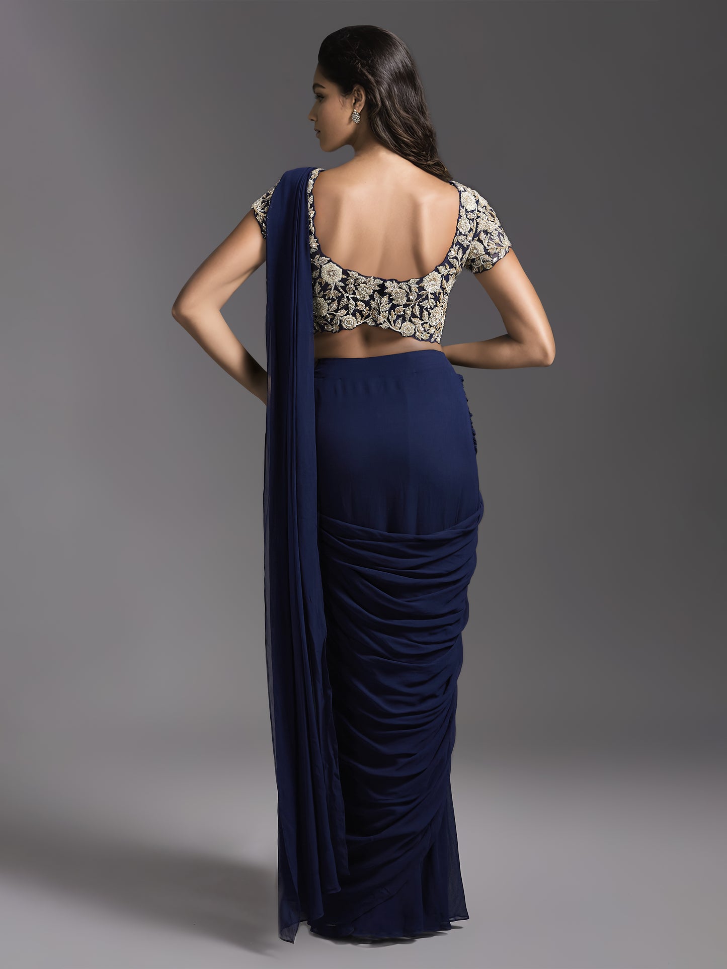 Navy Rose Cutwork Blouse with Ruched Saree and Belt