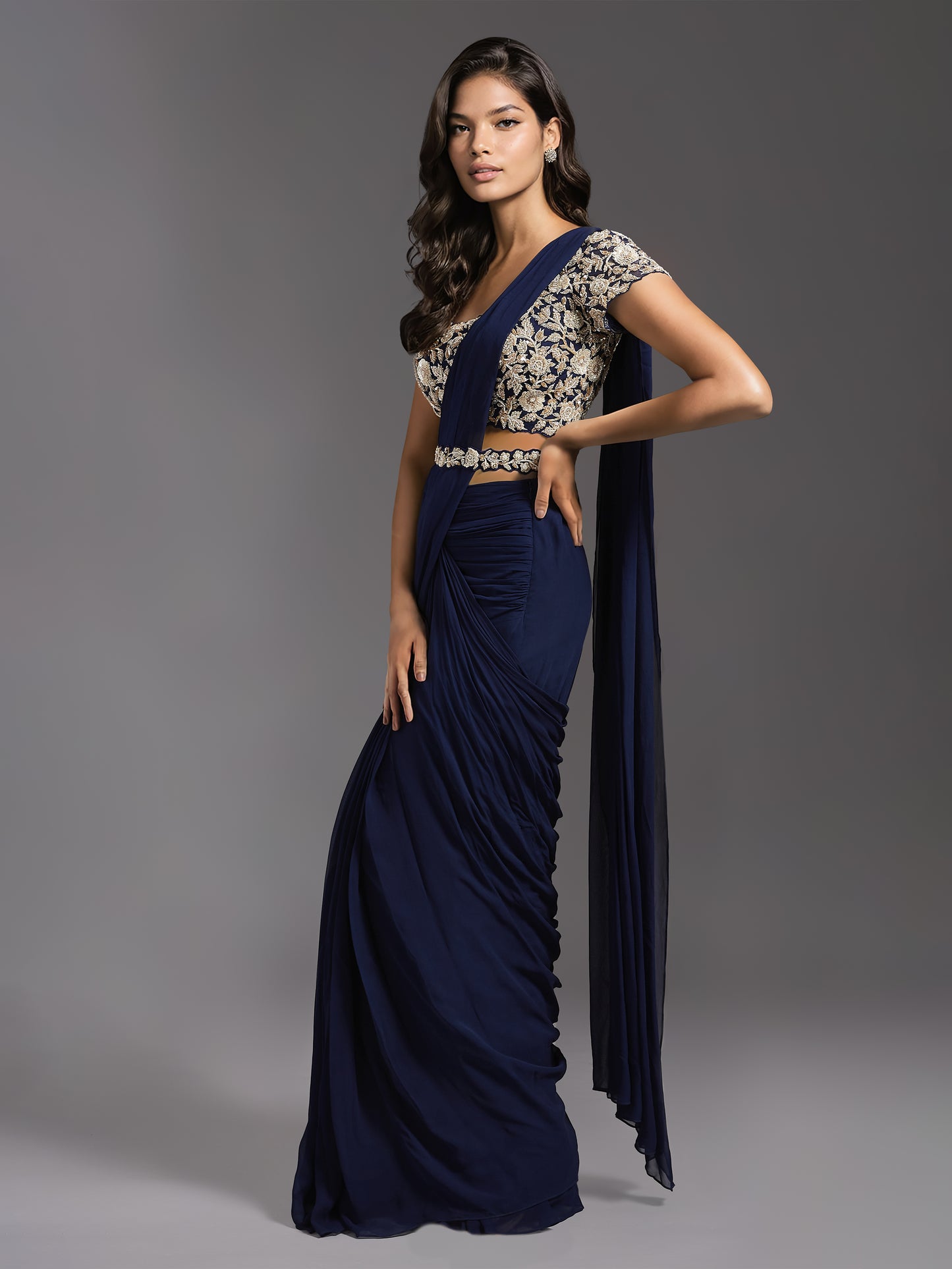Navy Rose Cutwork Blouse with Ruched Saree and Belt