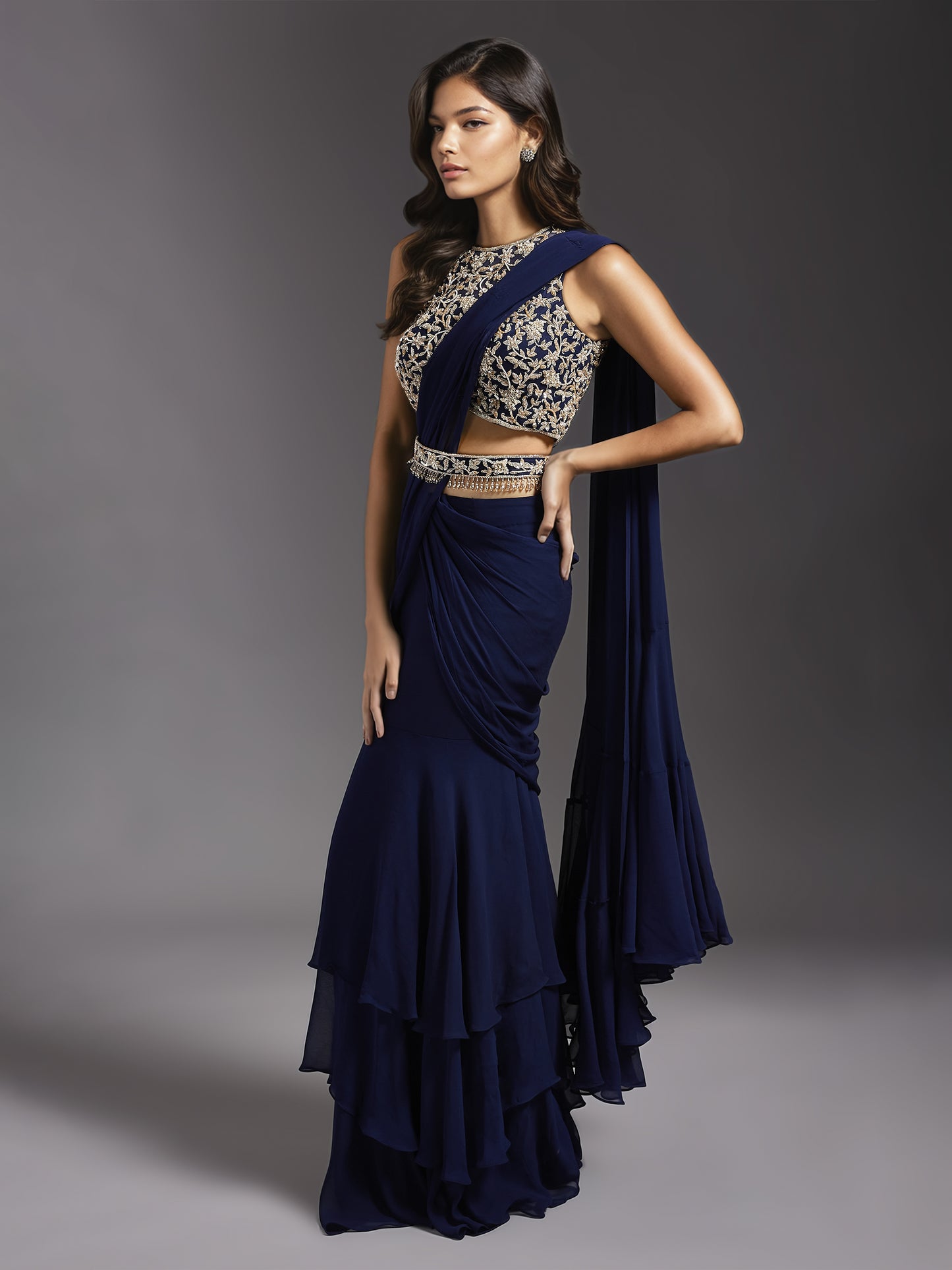 Navy Net Floral Close Neck Blouse with Georgette Draped Saree and Belt